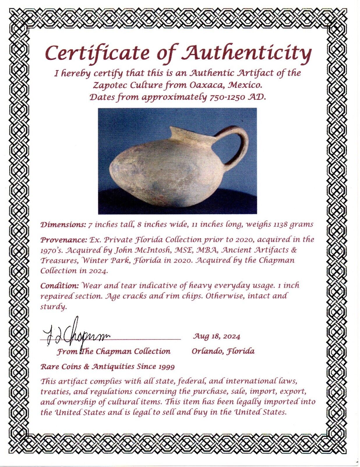 Authentic Pre Columbian Artifact Shoe Jar Zapotec Mexico 750-1250 AD COA J47