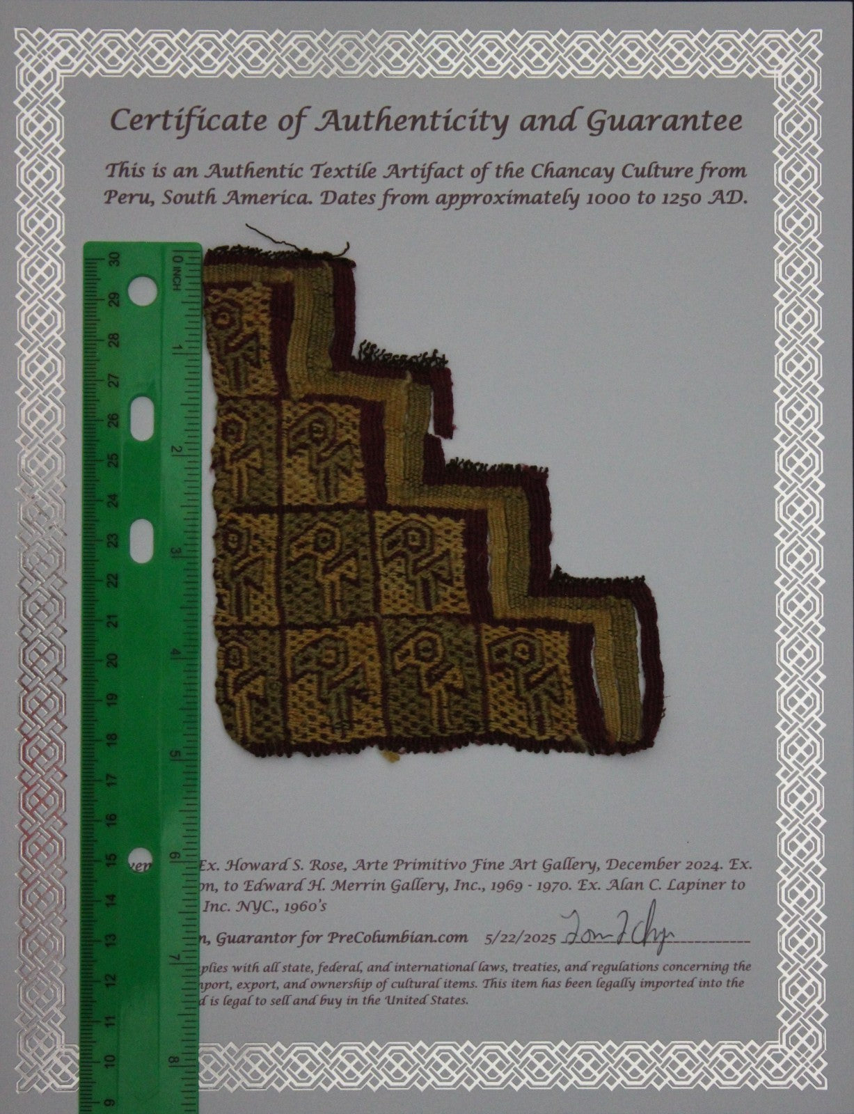 Authentic Pre Columbian Artifact Frameable Textile Border Chancay Peru COA 13