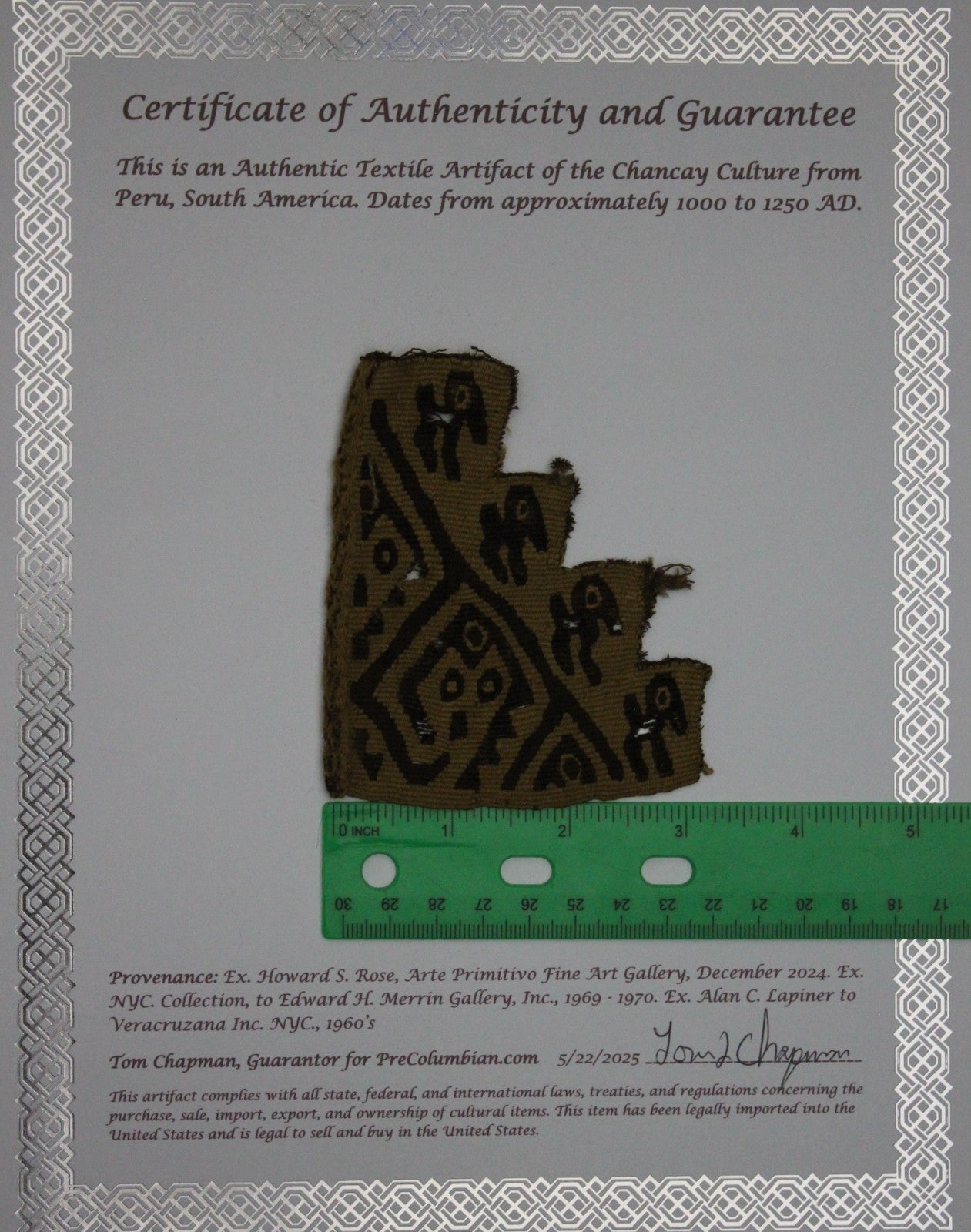 Authentic Pre Columbian Artifact Frameable Textile Border Chancay Peru COA 32
