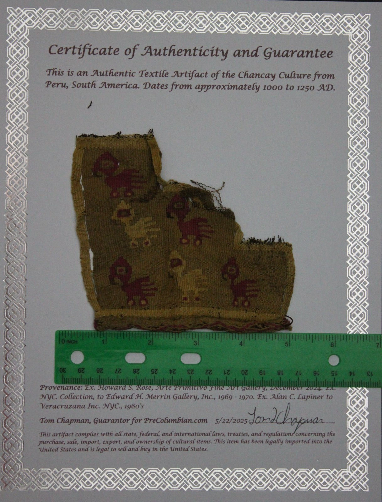Authentic Pre Columbian Artifact Frameable Textile Border Chancay Peru COA 08