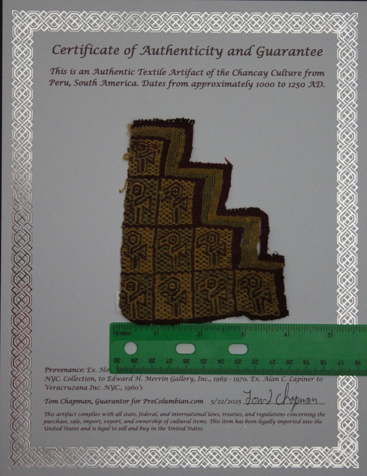 Authentic Pre Columbian Artifact Frameable Textile Border Chancay Peru COA 16