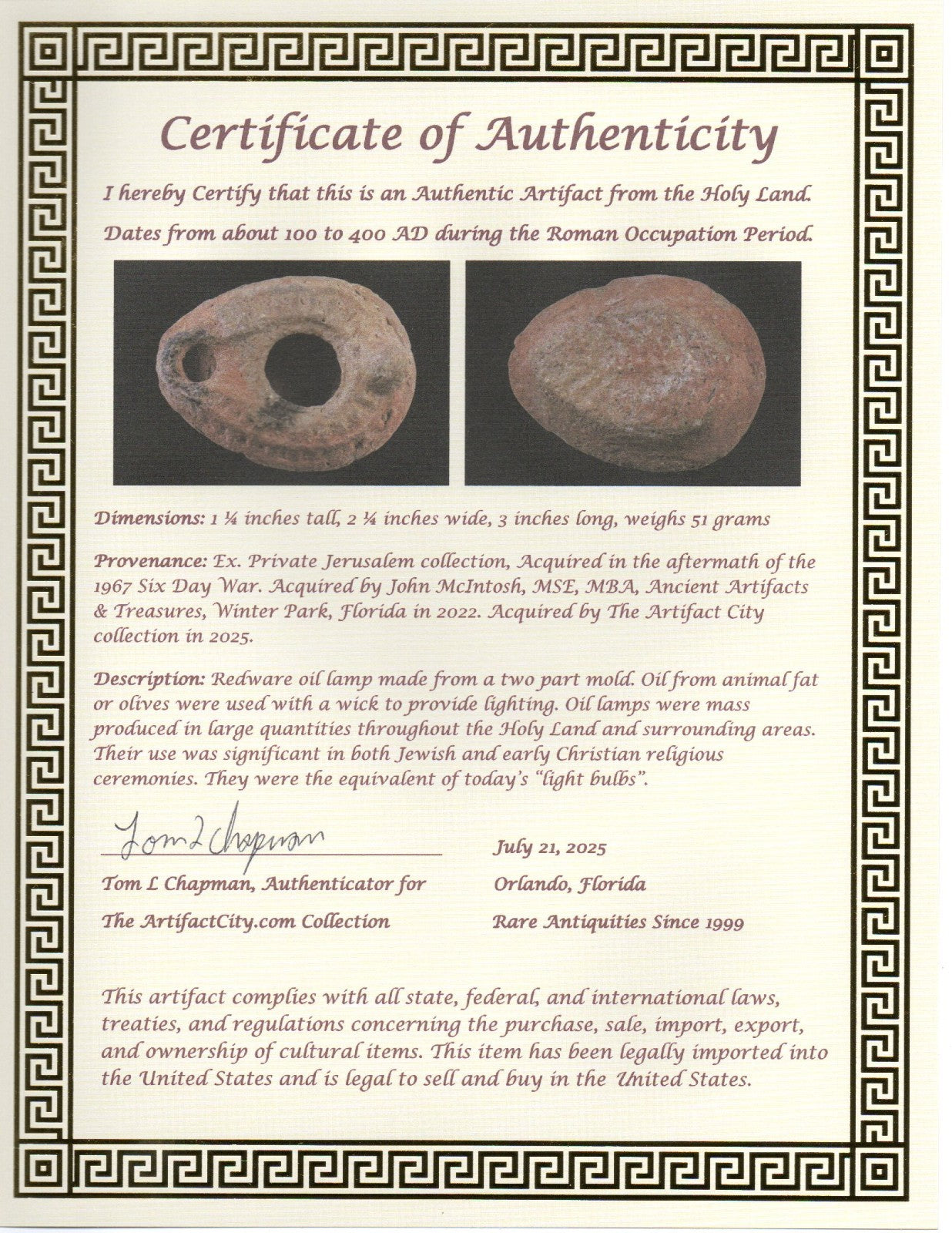 Jesus Christ Homeland Oil Lamp Authentic Holy Land Artifact 100 - 400 AD COA L11