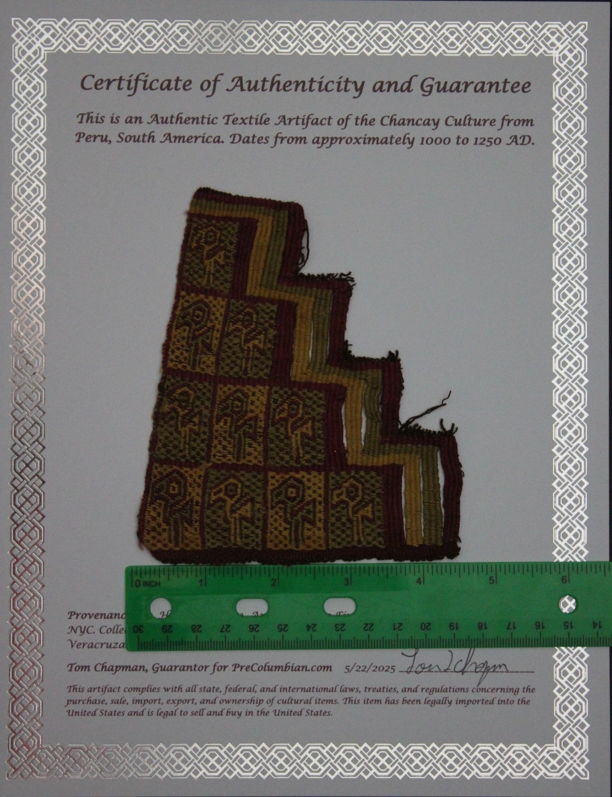 Authentic Pre Columbian Artifact Frameable Textile Border Chancay Peru COA 10