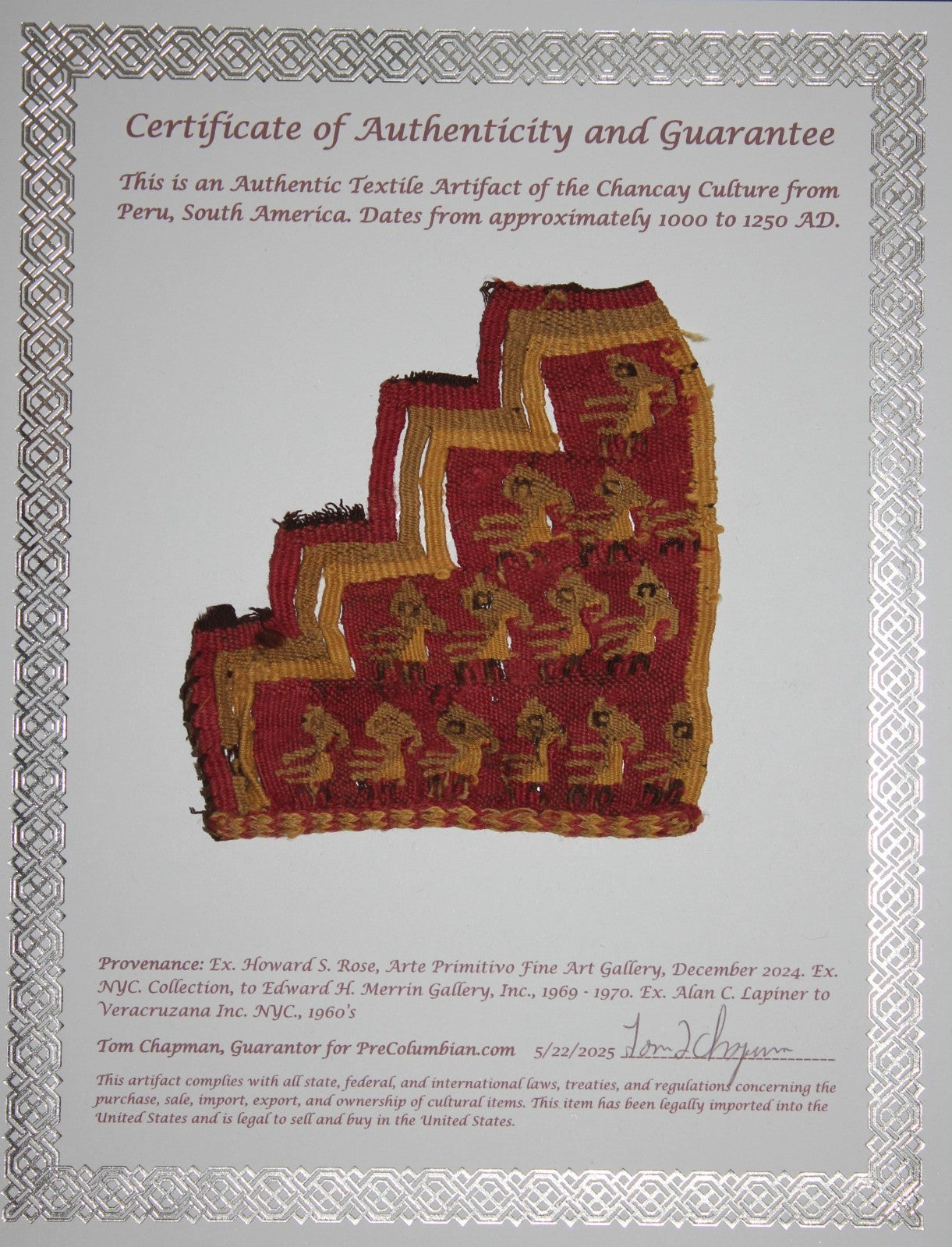 Authentic Pre Columbian Artifact Frameable Textile Border Chancay Peru COA 06
