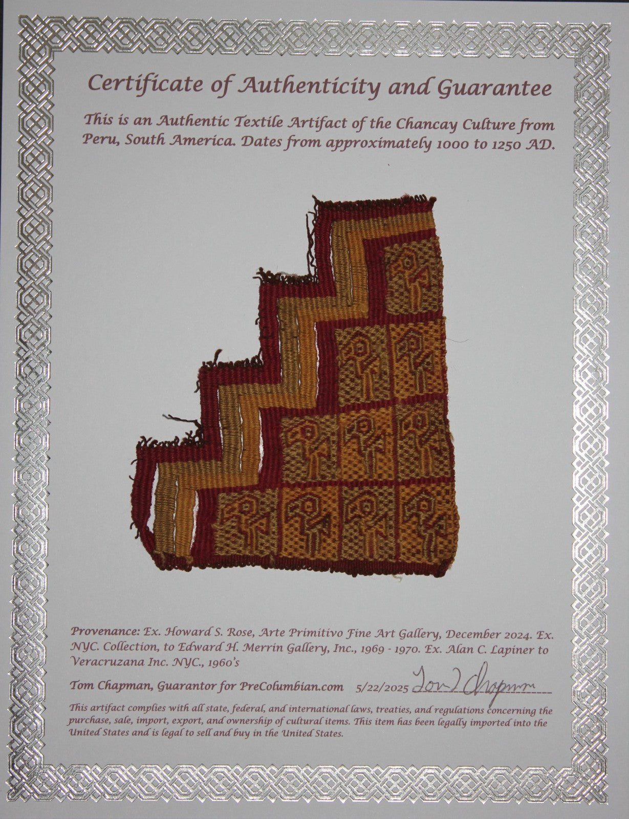 Authentic Pre Columbian Artifact Frameable Textile Border Chancay Peru COA 15
