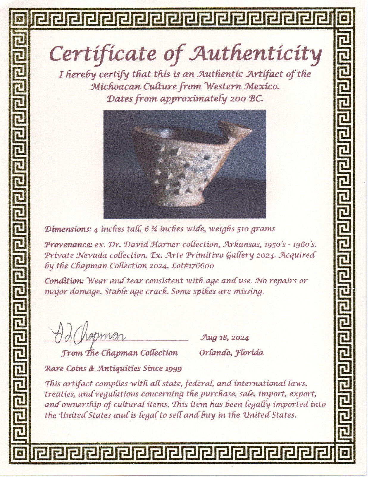 Authentic Pre Columbian Artifact Spiked Bowl Michoacan Ex Arte Primitivo COA T08