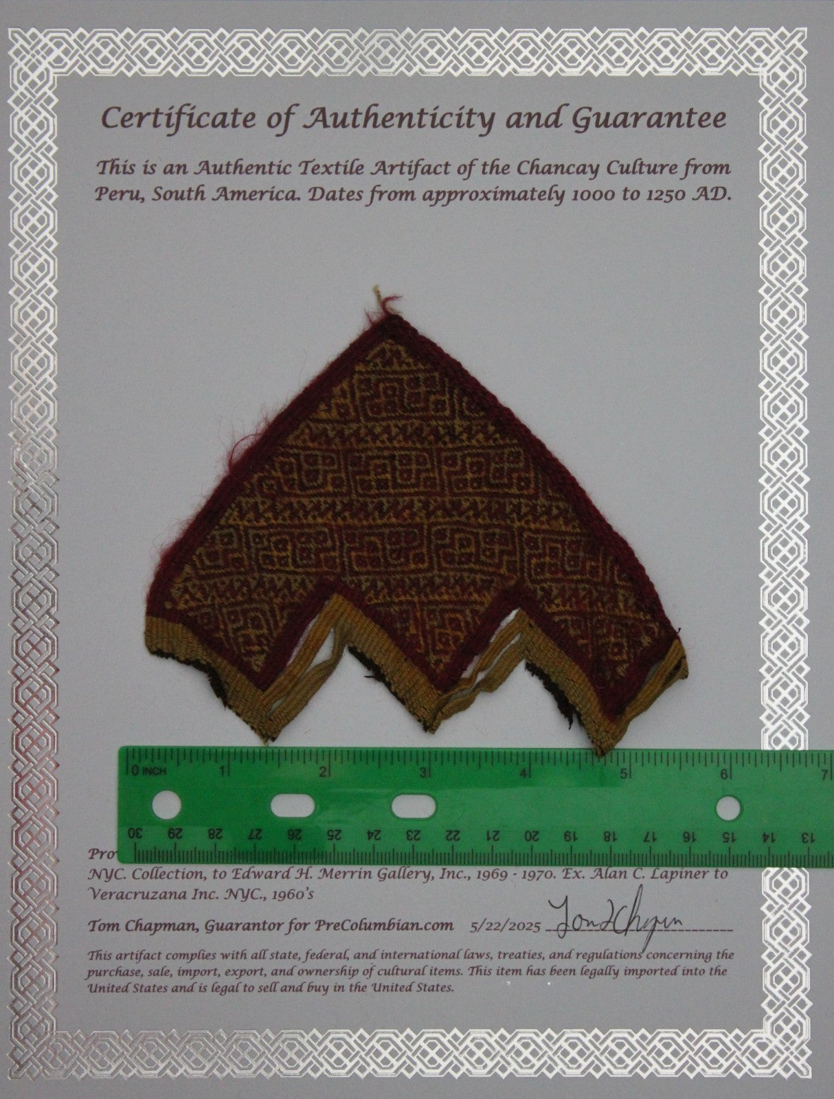 Authentic Pre Columbian Artifact Frameable Textile Border Chancay Peru COA 17