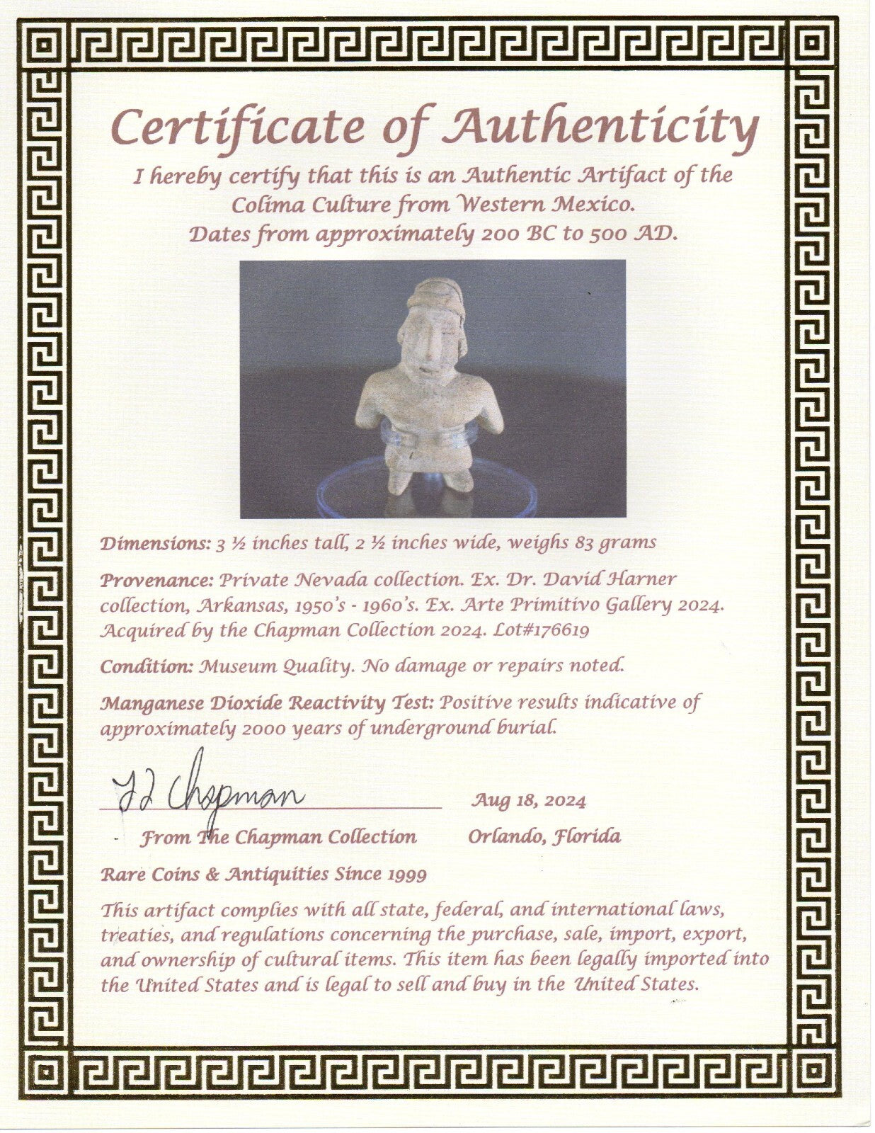 Authentic Pre Columbian Artifact Tomb Figure Colima Ex Arte Primitivo COA T92