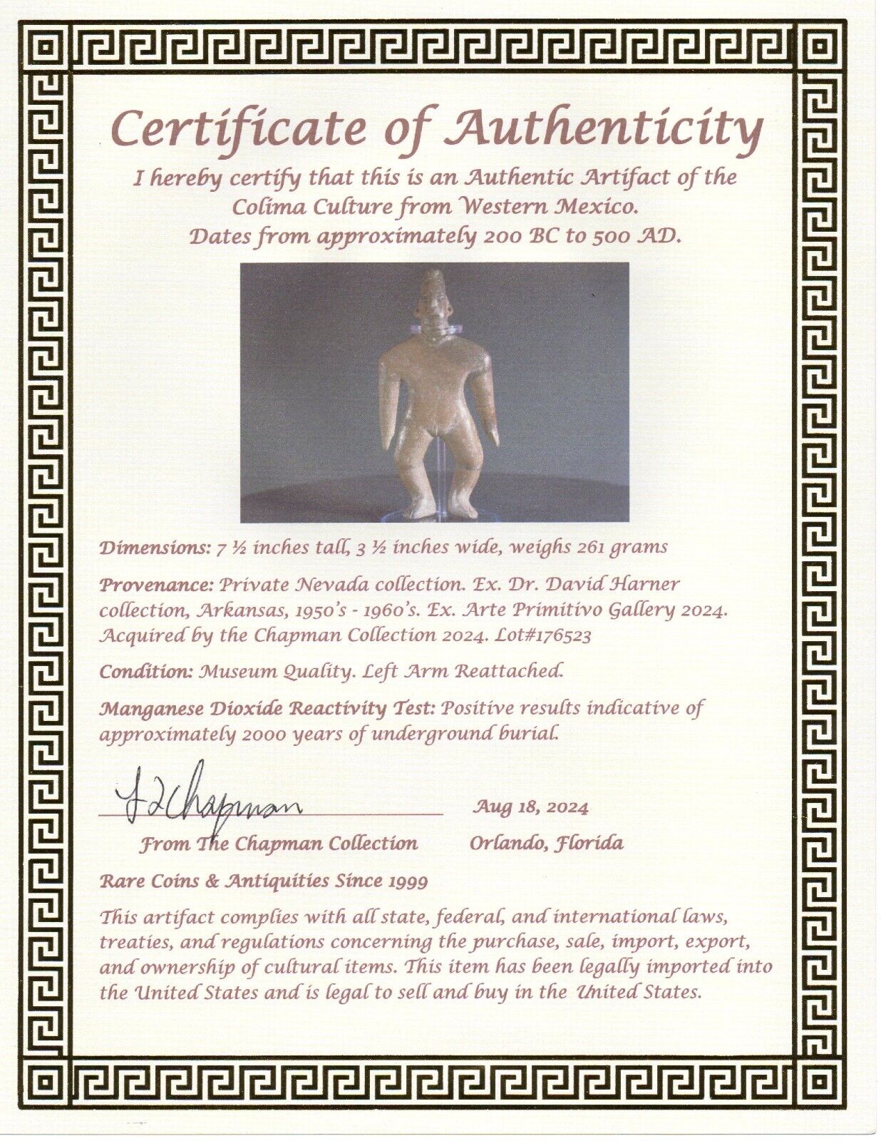 Authentic Pre Columbian Artifact Tomb Figure Colima Ex Arte Primitivo COA T67