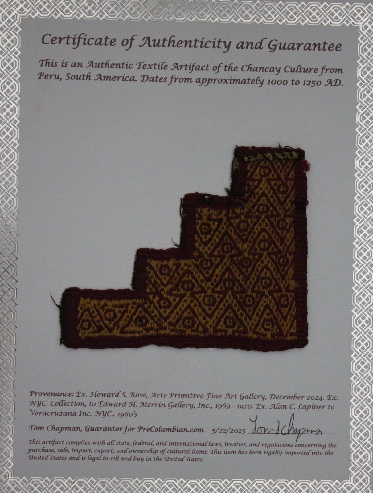 Authentic Pre Columbian Artifact Frameable Textile Border Chancay Peru COA 29