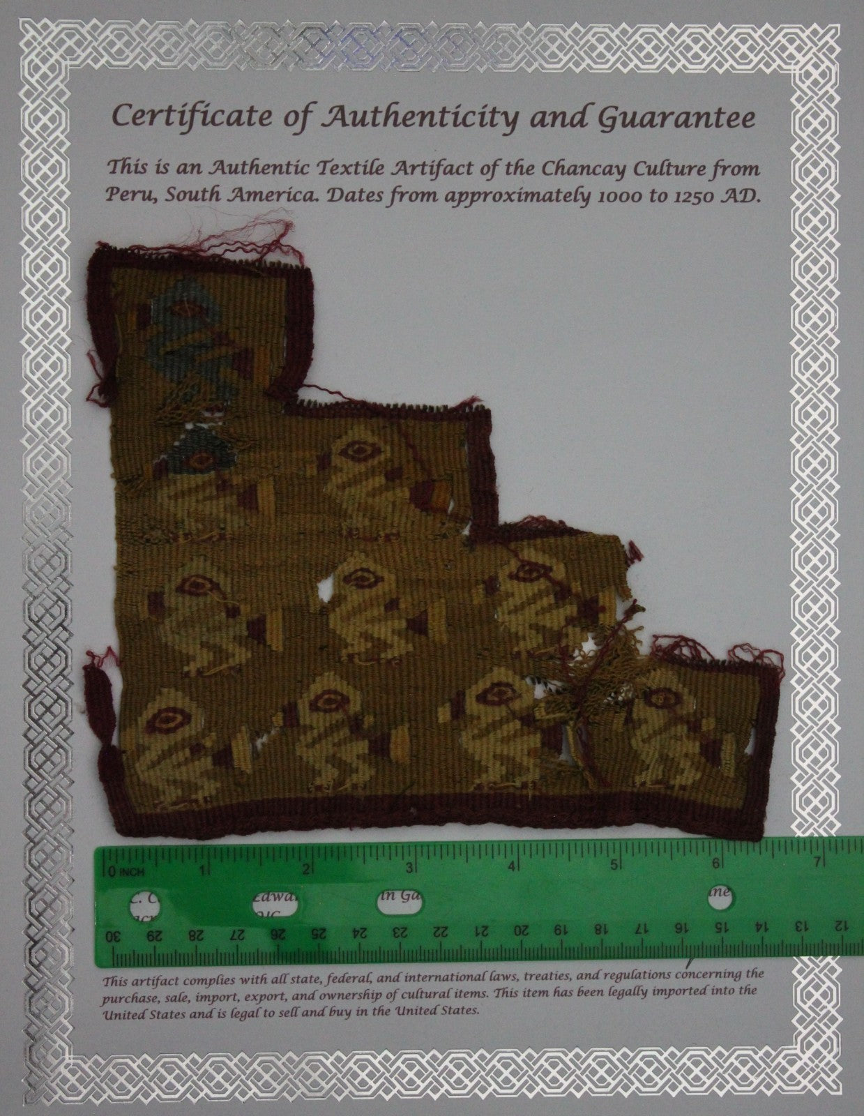 Authentic Pre Columbian Artifact Frameable Textile Border Chancay Peru COA 34