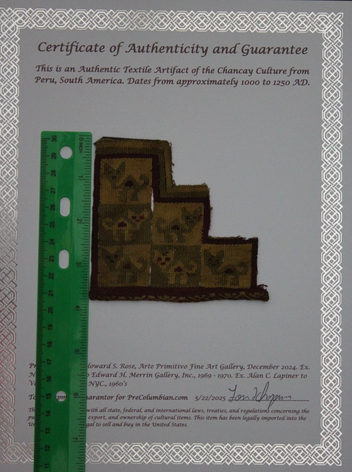 Authentic Pre Columbian Artifact Frameable Textile Border Chancay Peru COA 04