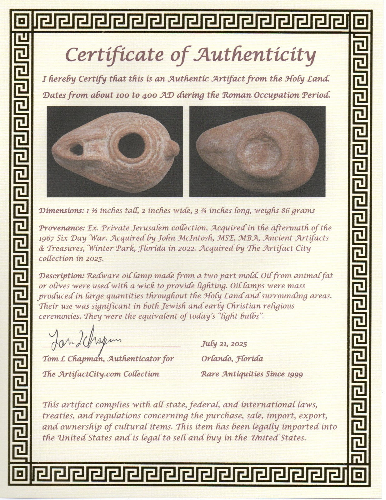 Jesus Christ Homeland Oil Lamp Authentic Holy Land Artifact 100 - 400 AD COA L07