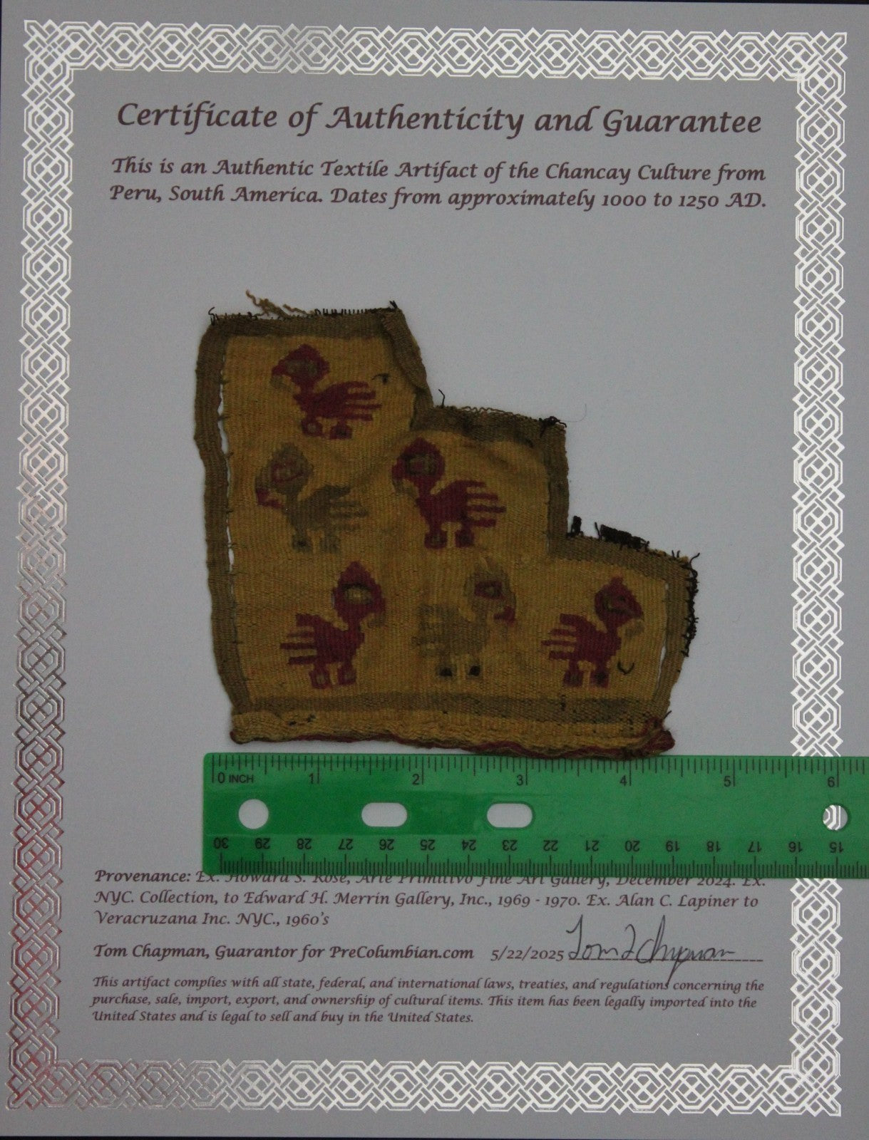 Authentic Pre Columbian Artifact Frameable Textile Border Chancay Peru COA 07