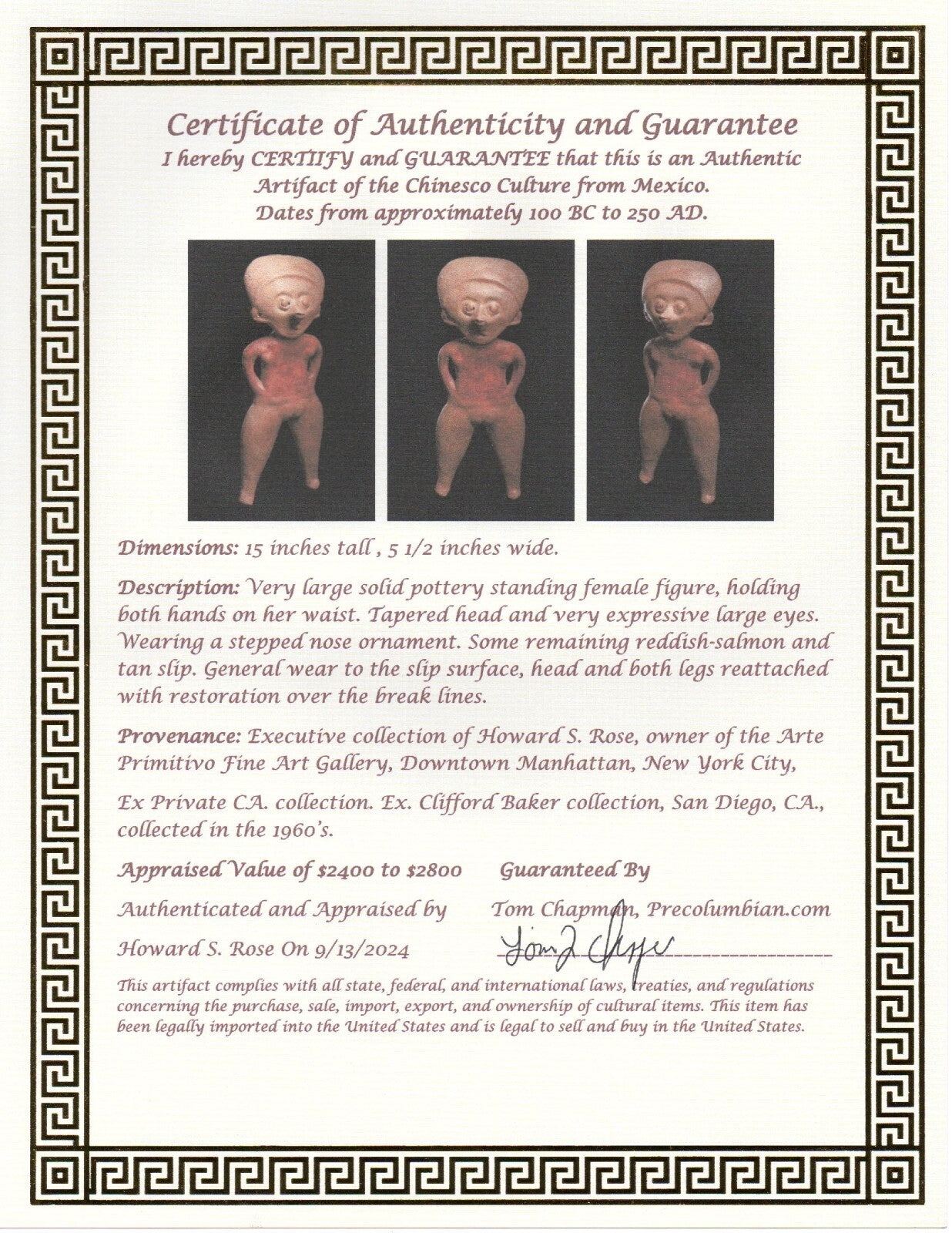 Authentic Pre Columbian Artifact Big Chinesco Figure Mexico Arte Primitivo T126