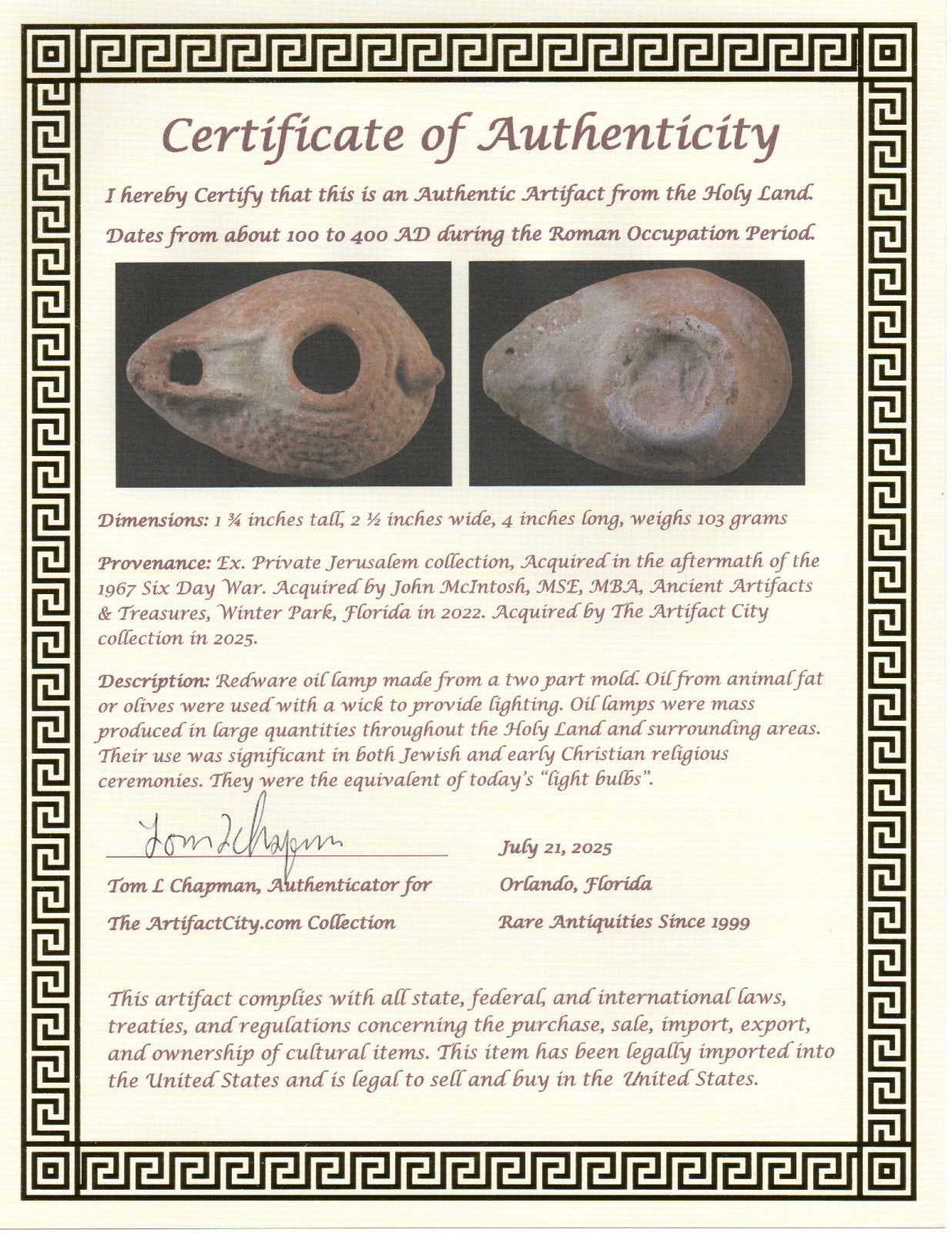 Jesus Christ Homeland Oil Lamp Authentic Holy Land Artifact 100 - 400 AD COA L01