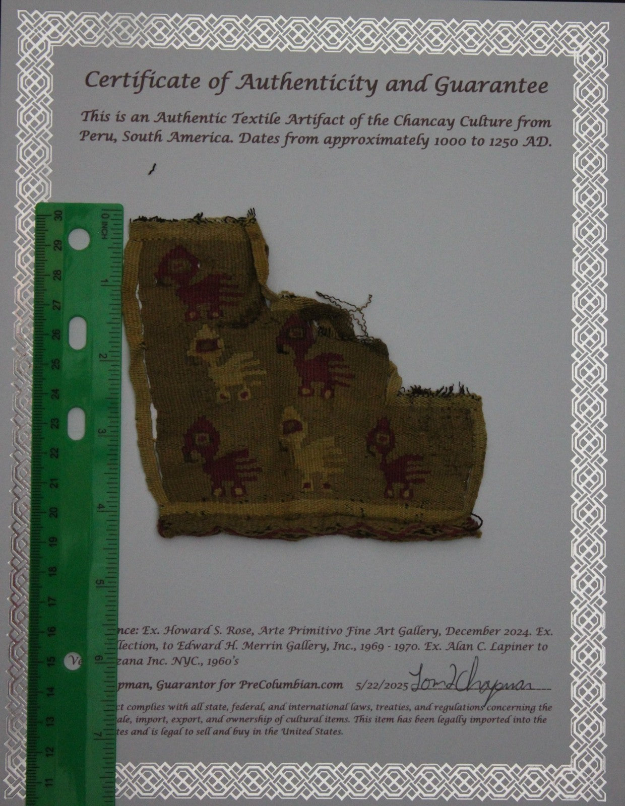 Authentic Pre Columbian Artifact Frameable Textile Border Chancay Peru COA 08