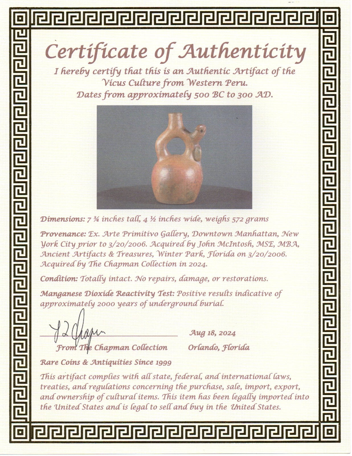 Authentic Pre Columbian Artifact Stirrup Vessel Vicus Peru 500 BC-300 AD COA J03
