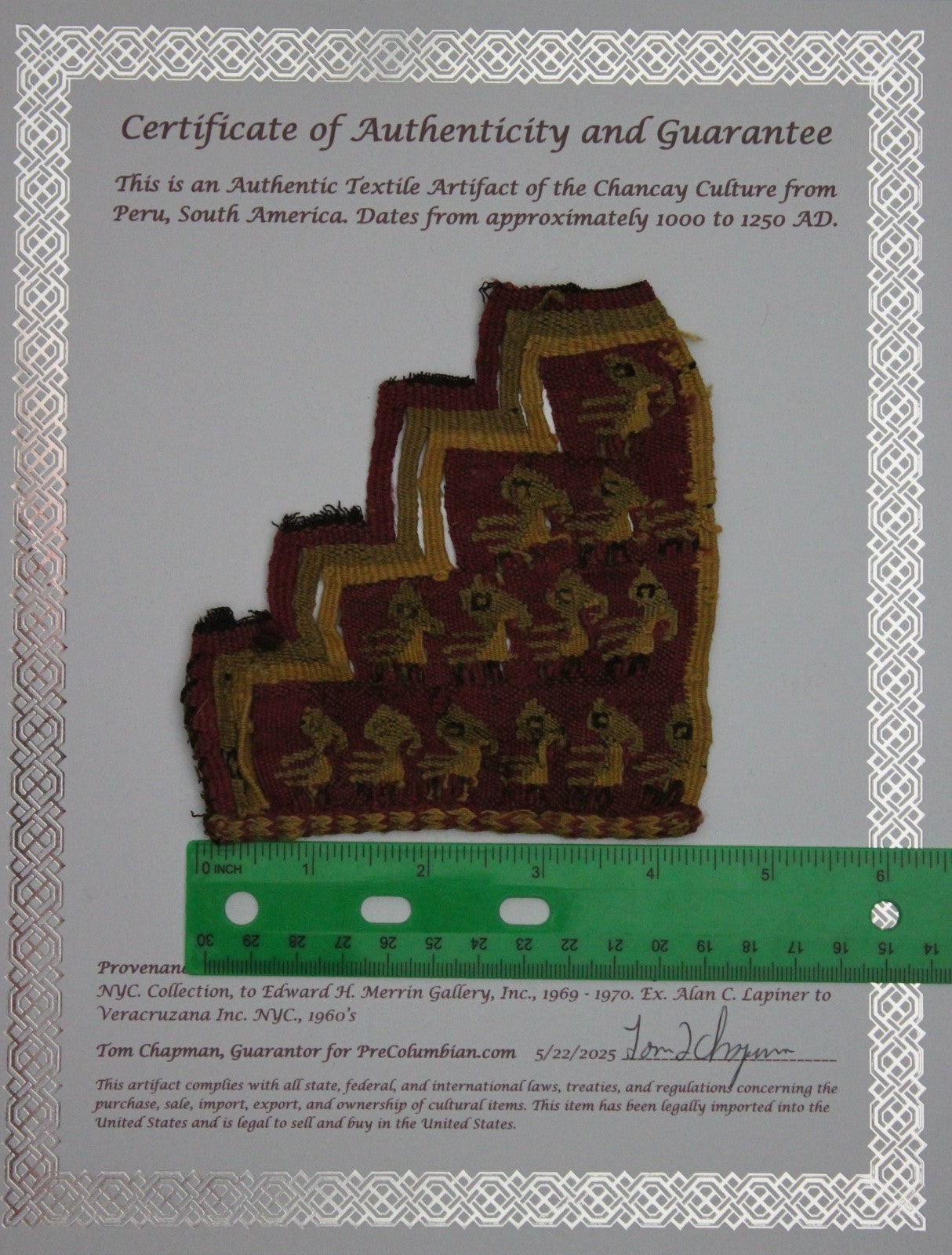 Authentic Pre Columbian Artifact Frameable Textile Border Chancay Peru COA 06