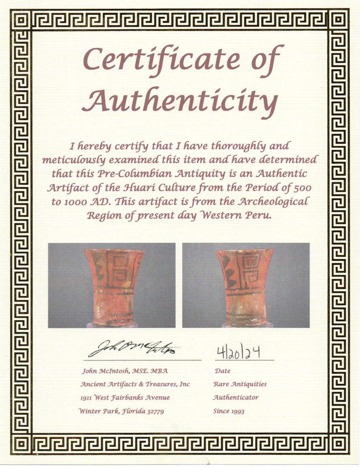 Authentic Pre Columbian Huari Wari Beaker Pottery 500 - 1000 AD Artifact COA T02