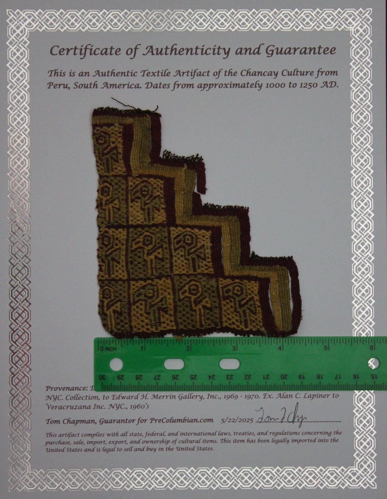 Authentic Pre Columbian Artifact Frameable Textile Border Chancay Peru COA 13