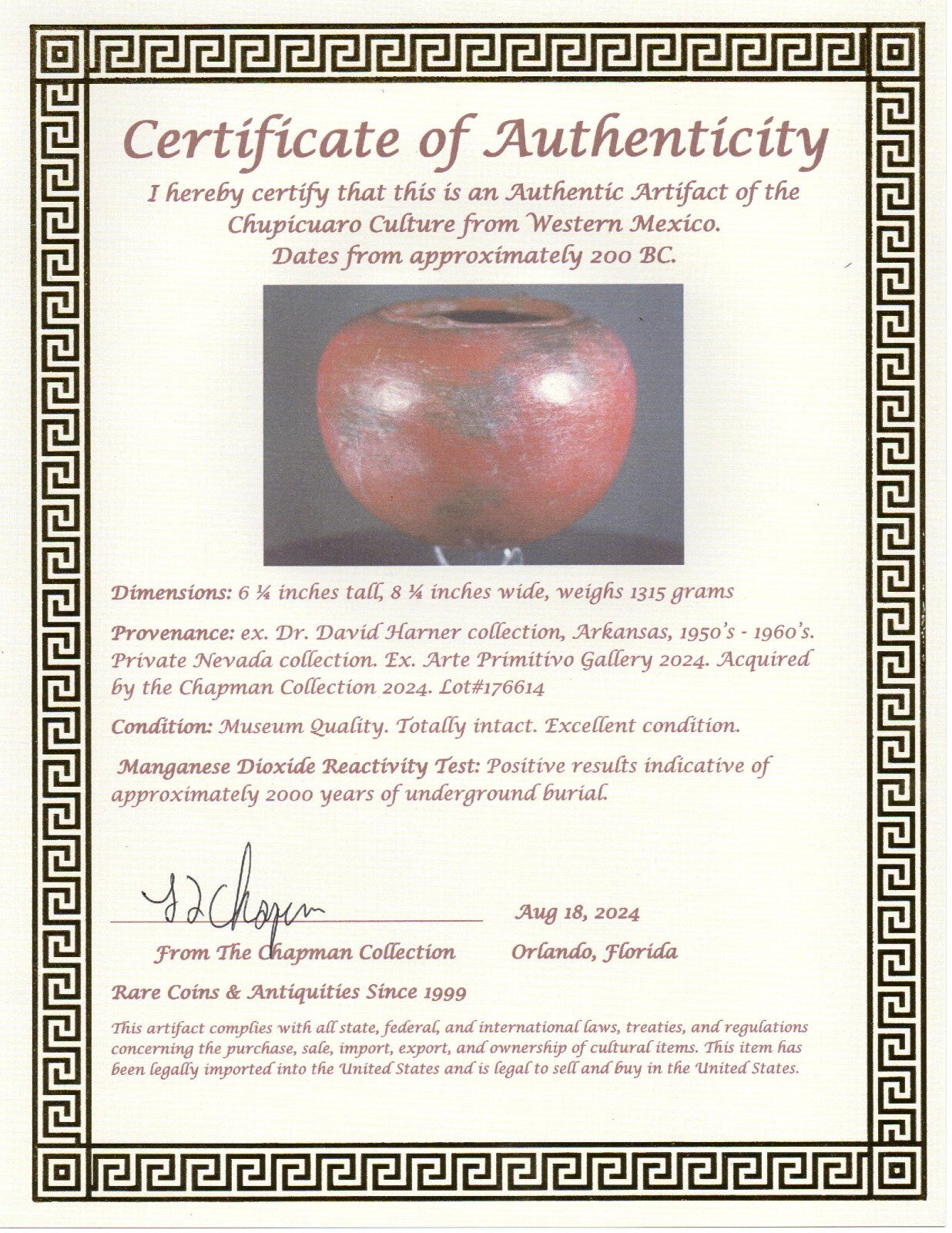 Authentic Pre Columbian Artifact Very Big Olla Chupicuaro Arte Primitivo COA T63