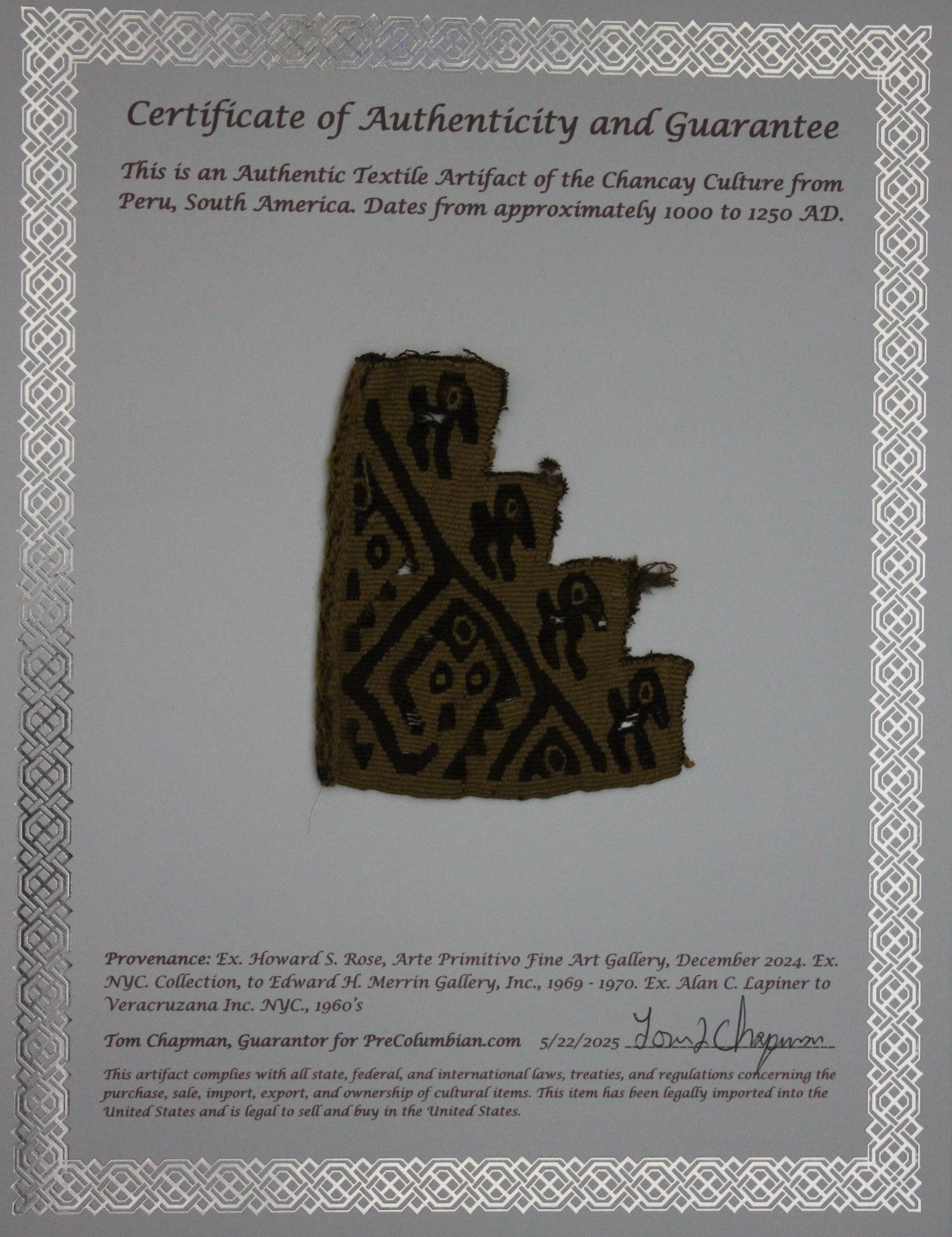 Authentic Pre Columbian Artifact Frameable Textile Border Chancay Peru COA 32
