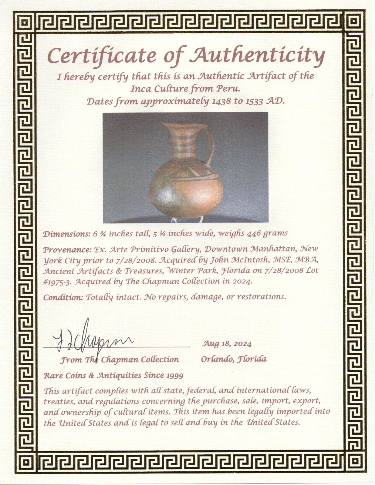 Authentic Pre Columbian Artifact Inca Pitcher Pottery 1438-1533 AD Peru COA J06