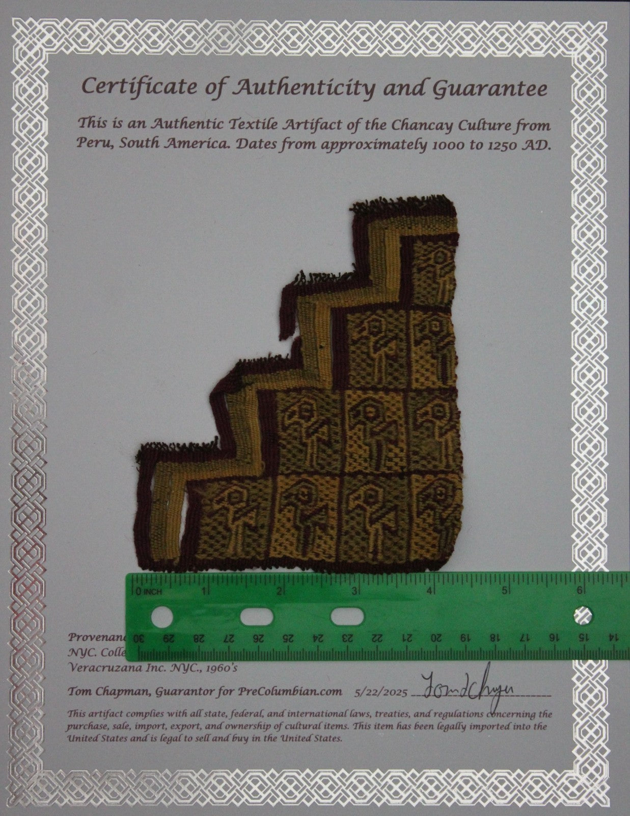 Authentic Pre Columbian Artifact Frameable Textile Border Chancay Peru COA 12