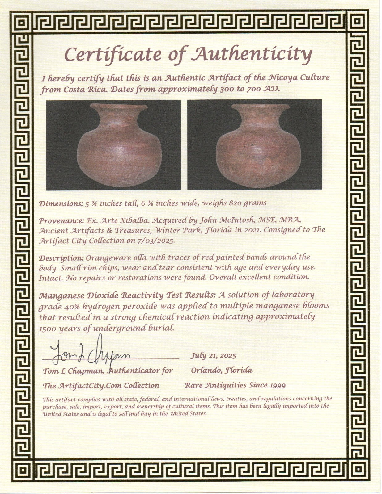 Authentic Pre Columbian Artifact Olla Nicoya Costa Rica 300 to 700 AD COA J58