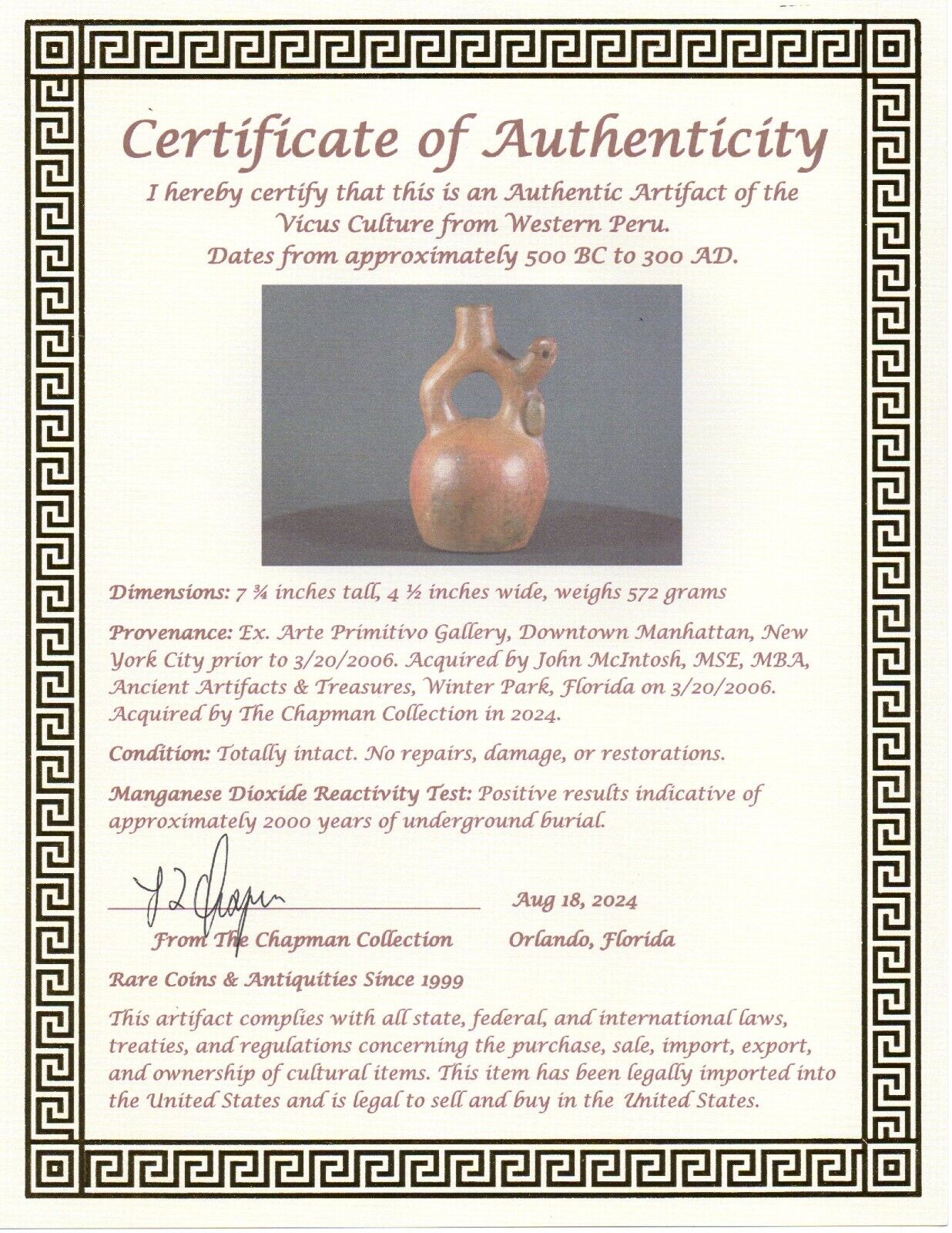 Authentic Pre Columbian Artifact Stirrup Vessel Vicus Peru 500 BC-300 AD COA J03