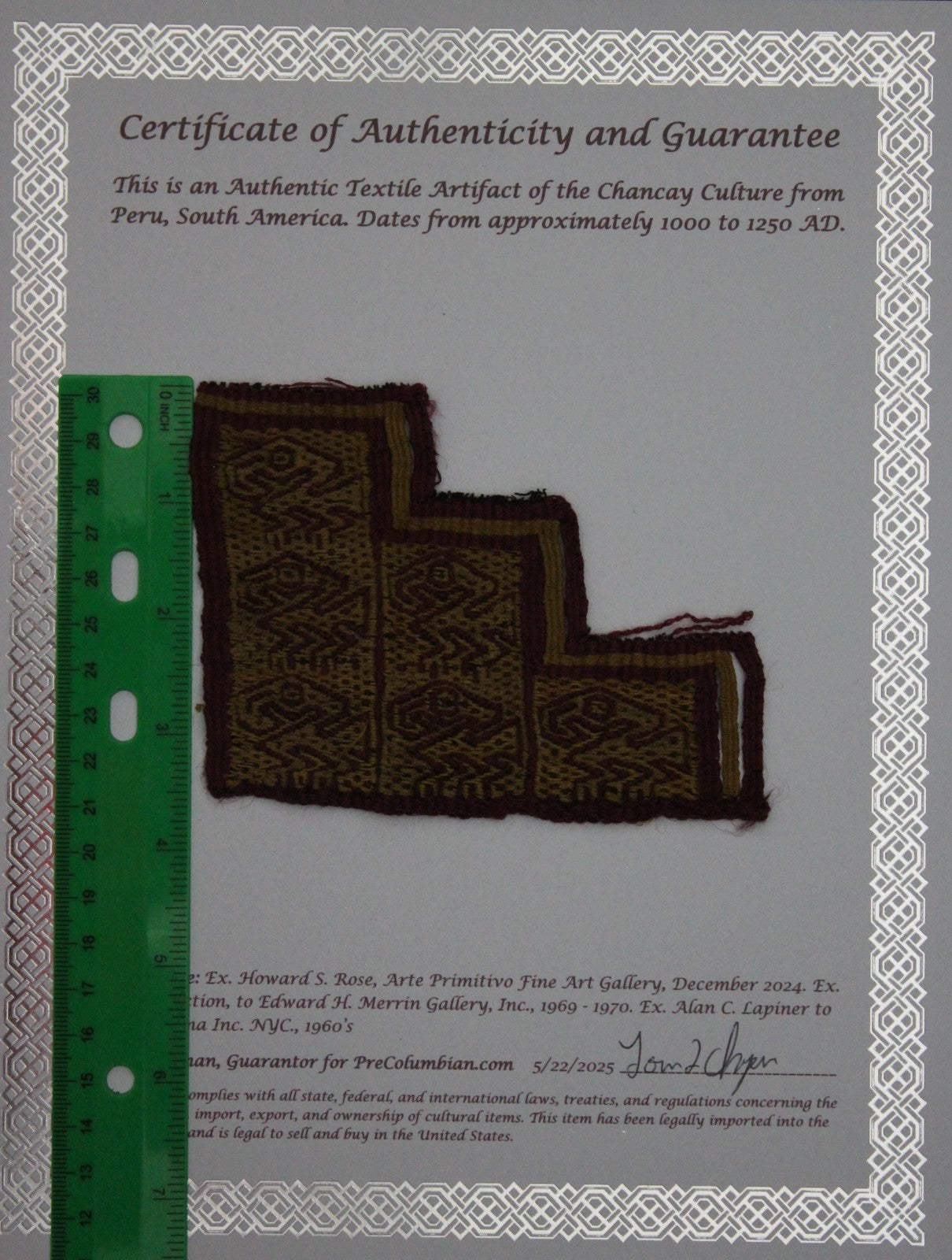 Authentic Pre Columbian Artifact Frameable Textile Border Chancay Peru COA 14