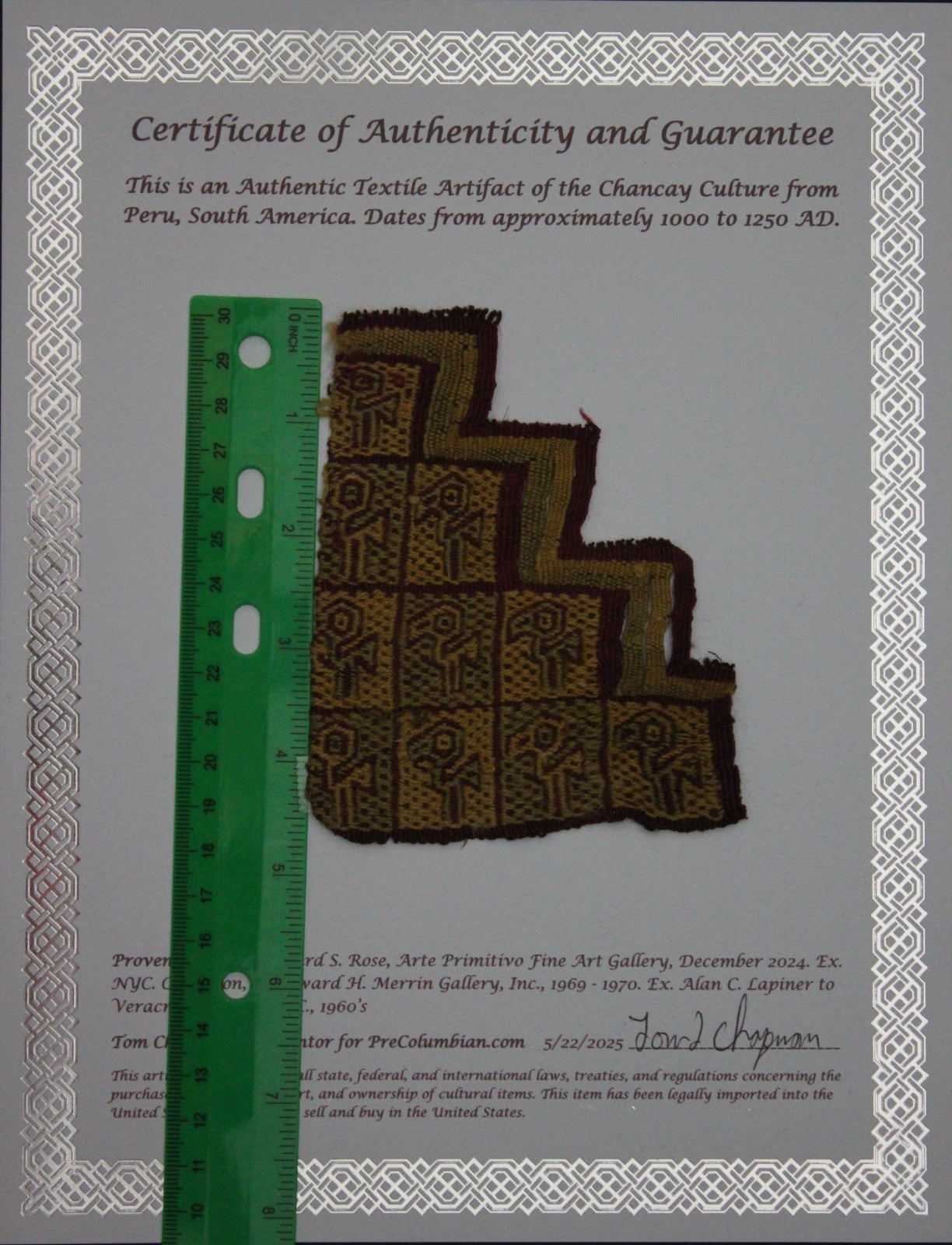 Authentic Pre Columbian Artifact Frameable Textile Border Chancay Peru COA 16