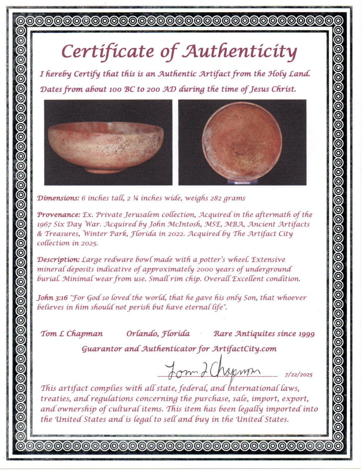 Holy Land Artifact Authentic Bowl From Time of Jesus Christ 100BC-200AD COA J139