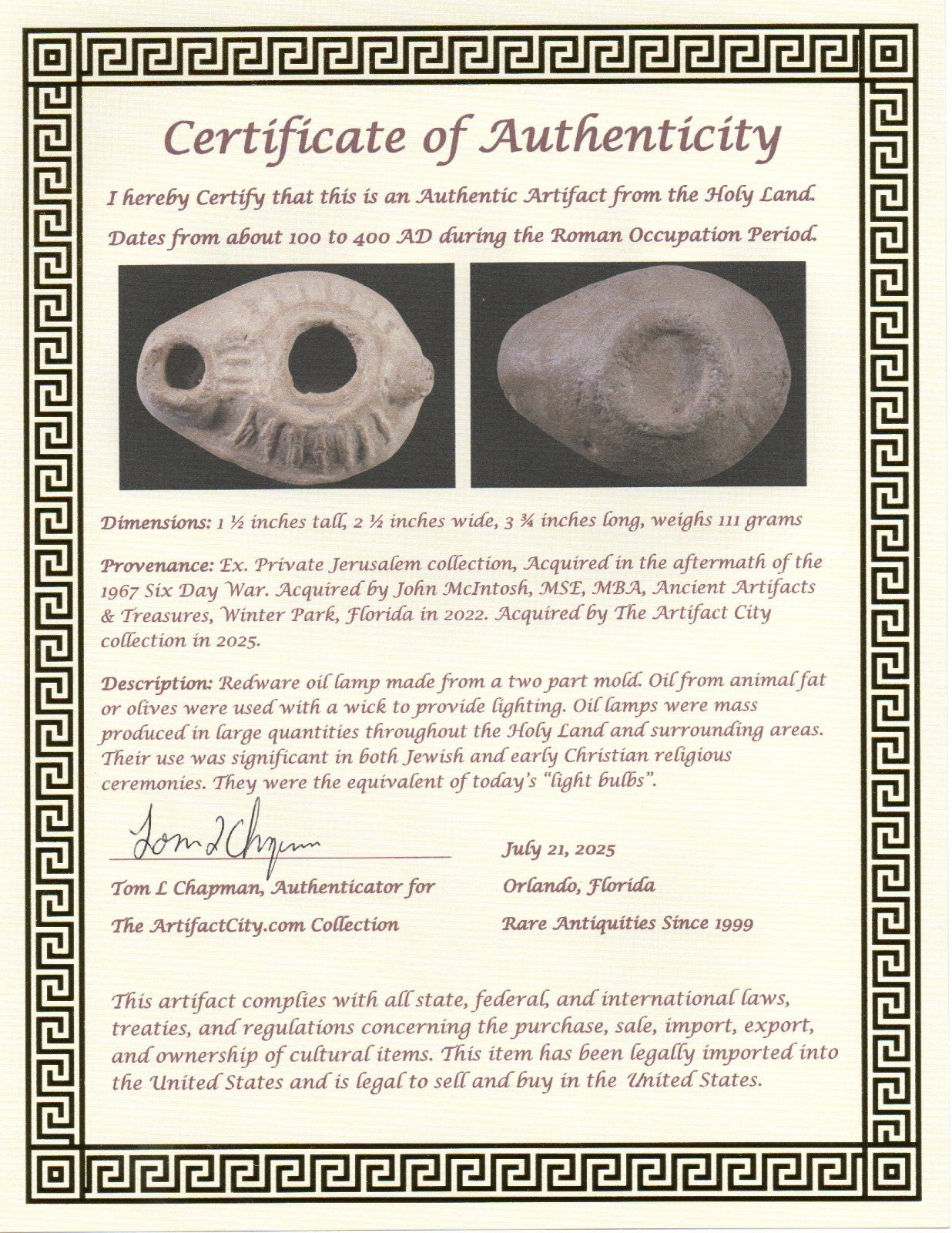 Jesus Christ Homeland Oil Lamp Authentic Holy Land Artifact 100 - 400 AD COA L12
