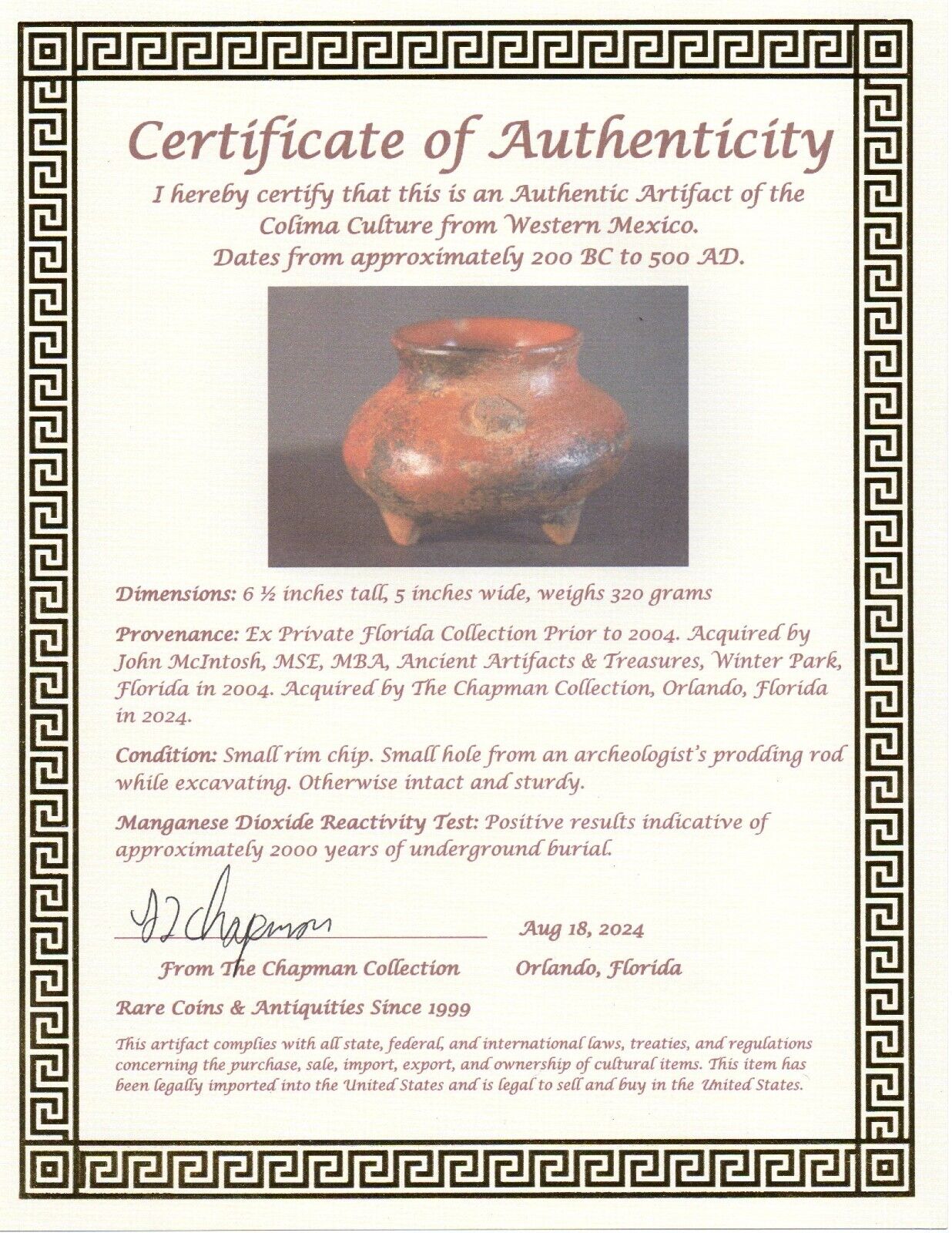 Authentic Pre Columbian Artifact Tripod Bowl Colima Mexico 200 BC-500 AD COA J91