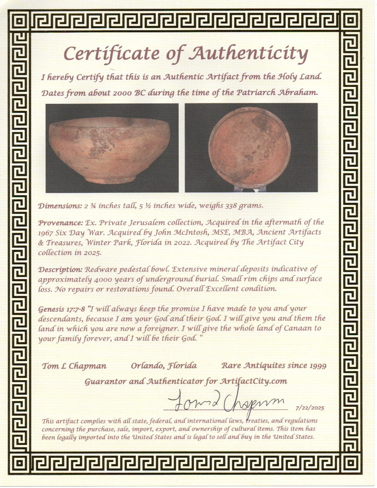 Holy Land Artifact Authentic 4000 Year Old Bowl Time of Abraham 2000 BC COA J126