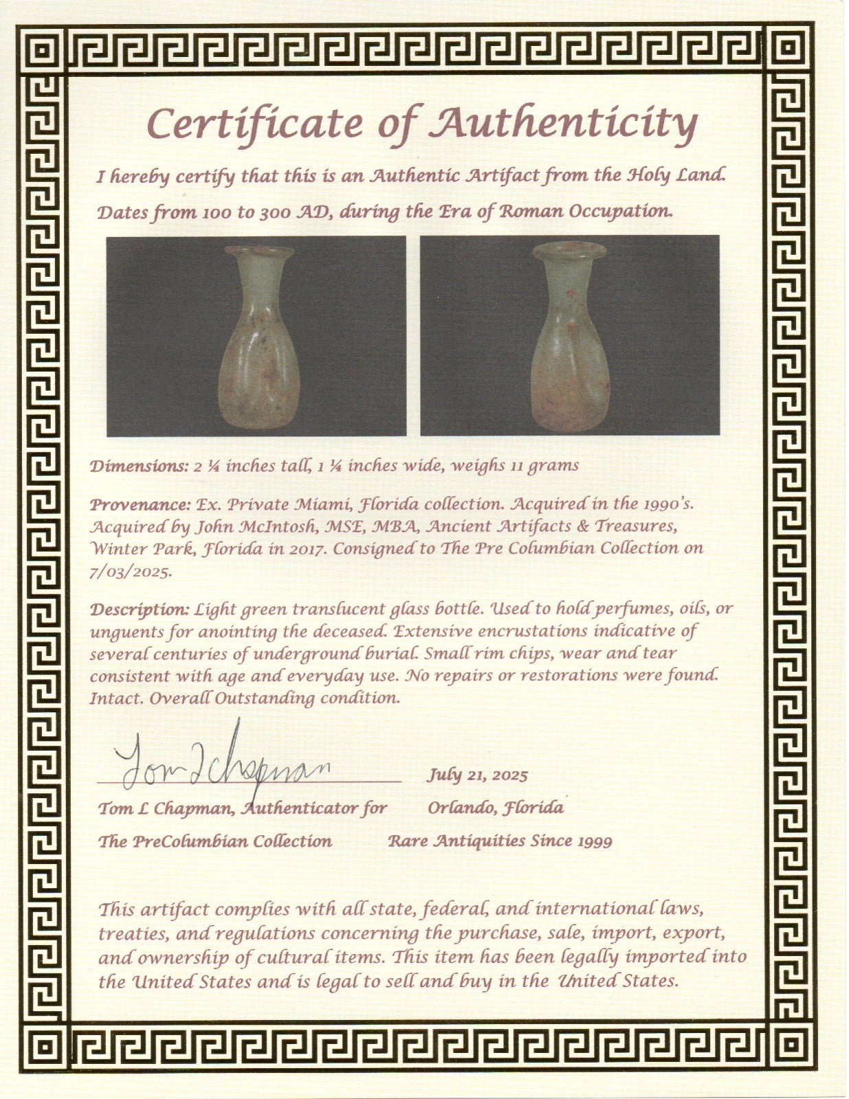 Holy Land Artifact Authentic Ancient Glass Bottle 100-300 AD Roman Era COA J10