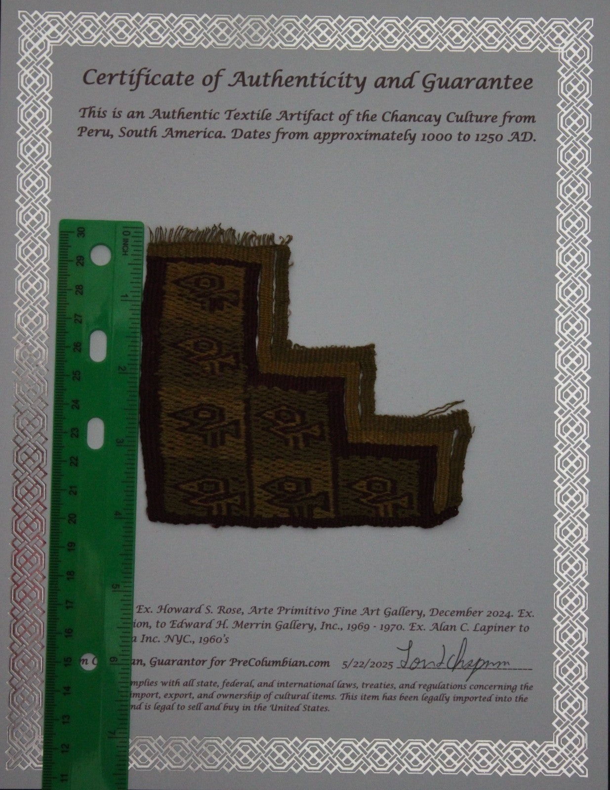 Authentic Pre Columbian Artifact Frameable Textile Border Chancay Peru COA 03