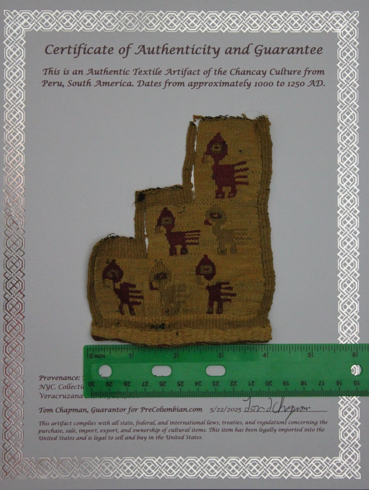 Authentic Pre Columbian Artifact Frameable Textile Border Chancay Peru COA 09