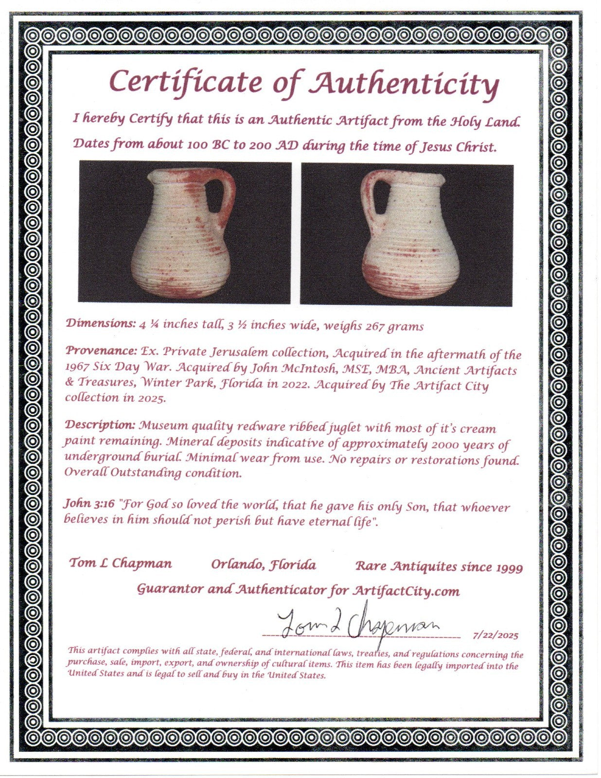 Holy Land Artifact Authentic Time of Jesus Christ Juglet 100BC-200AD COA J137