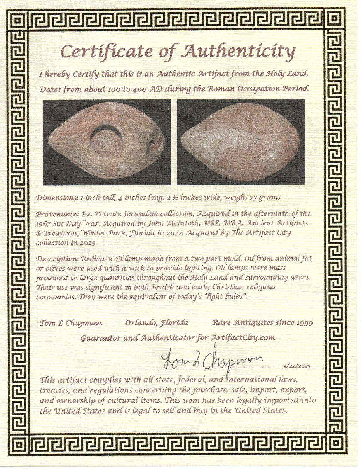 Jesus Christ Homeland Oil Lamp Authentic Holy Land Artifact 100-400 AD COA J106