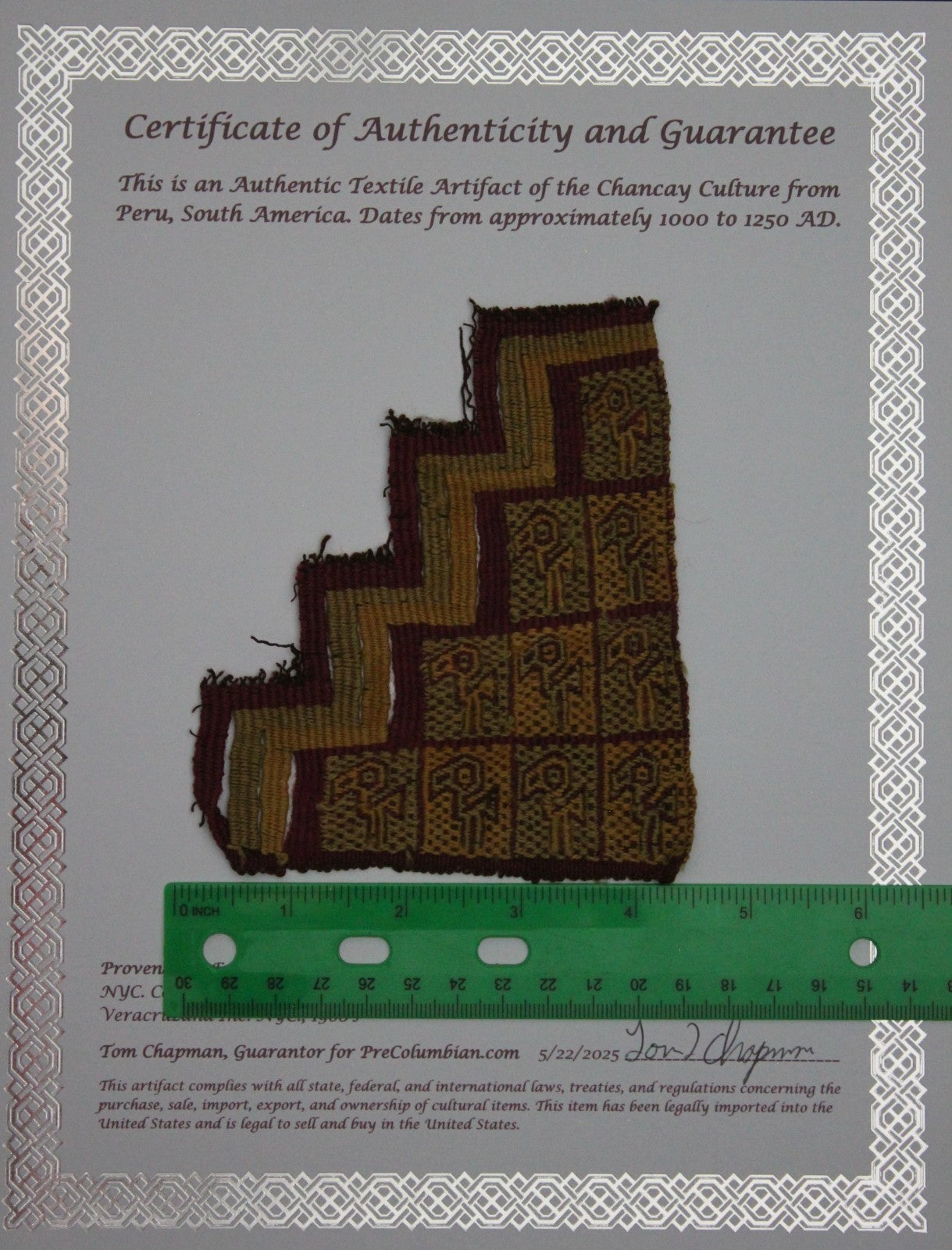 Authentic Pre Columbian Artifact Frameable Textile Border Chancay Peru COA 15