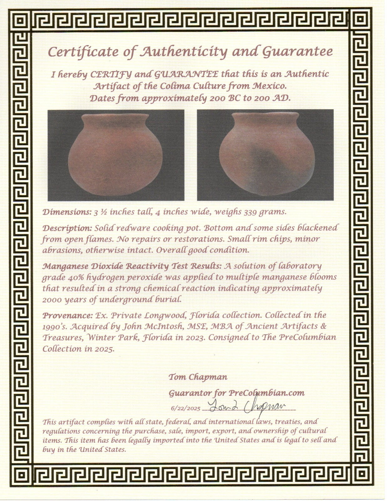 Pre Columbian Authentic Artifact Colima Cooking Pot Mexico 200BC - 200AD COA J14