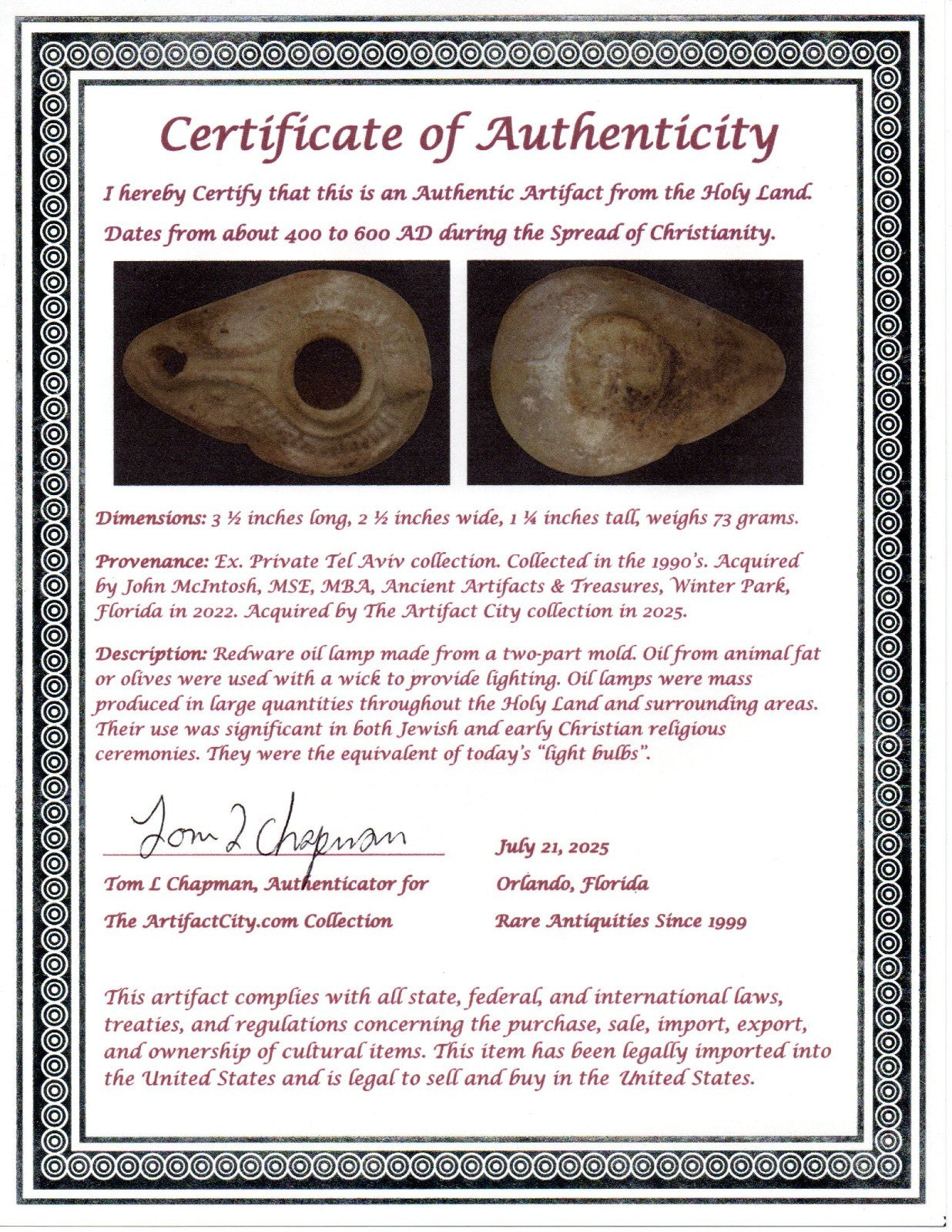 Ancient Holy Land Oil Lamp Artifact  From Jesus Christ Homeland 400-600AD COA 35