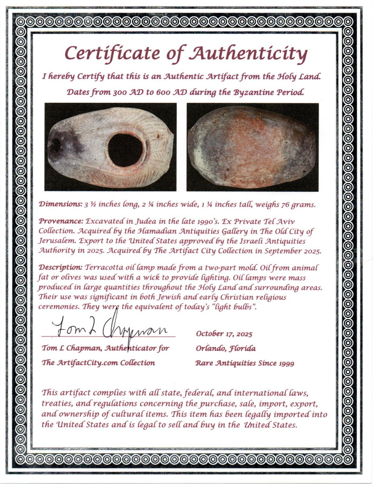 Ancient Holy Land Oil Lamp Artifact Jesus Christ Home Israel 300-600 AD COA 107