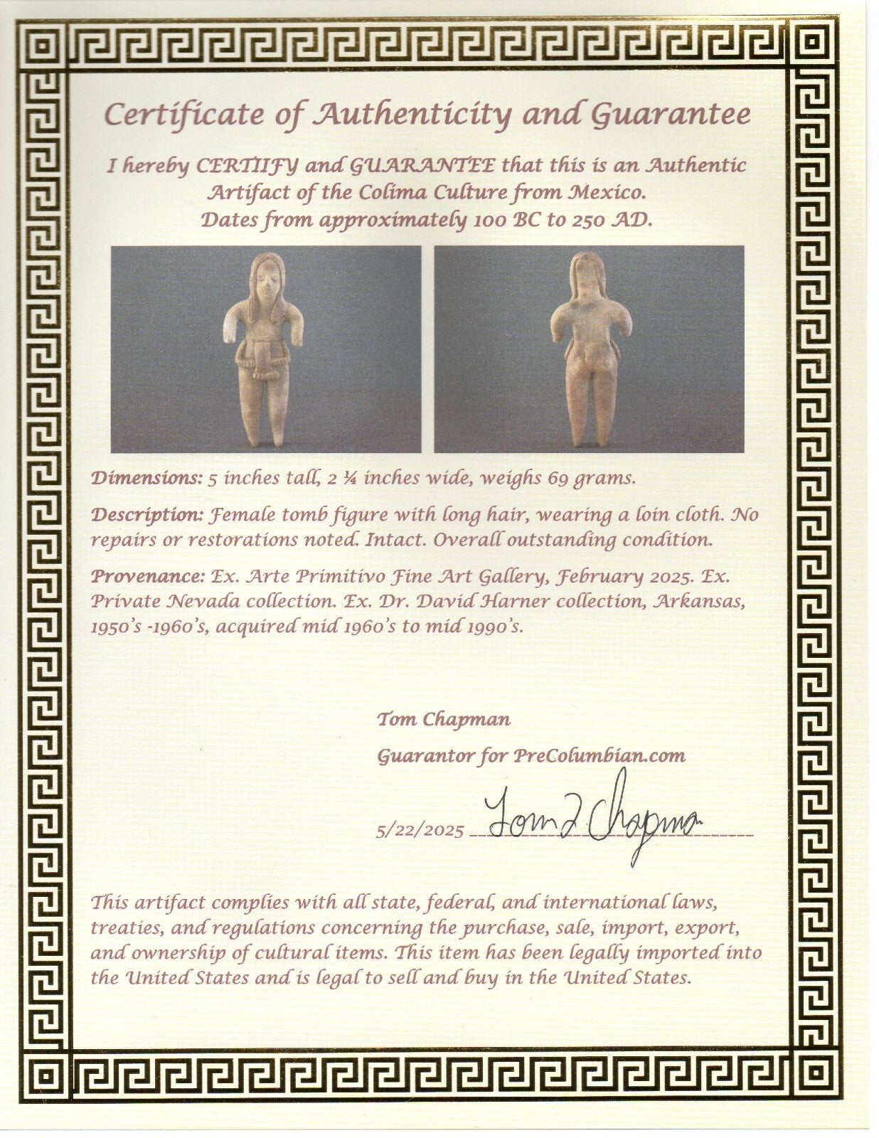 Authentic Pre Columbian Artifact Tomb Figure Colima Mexico 100 BC-250 AD COA 166