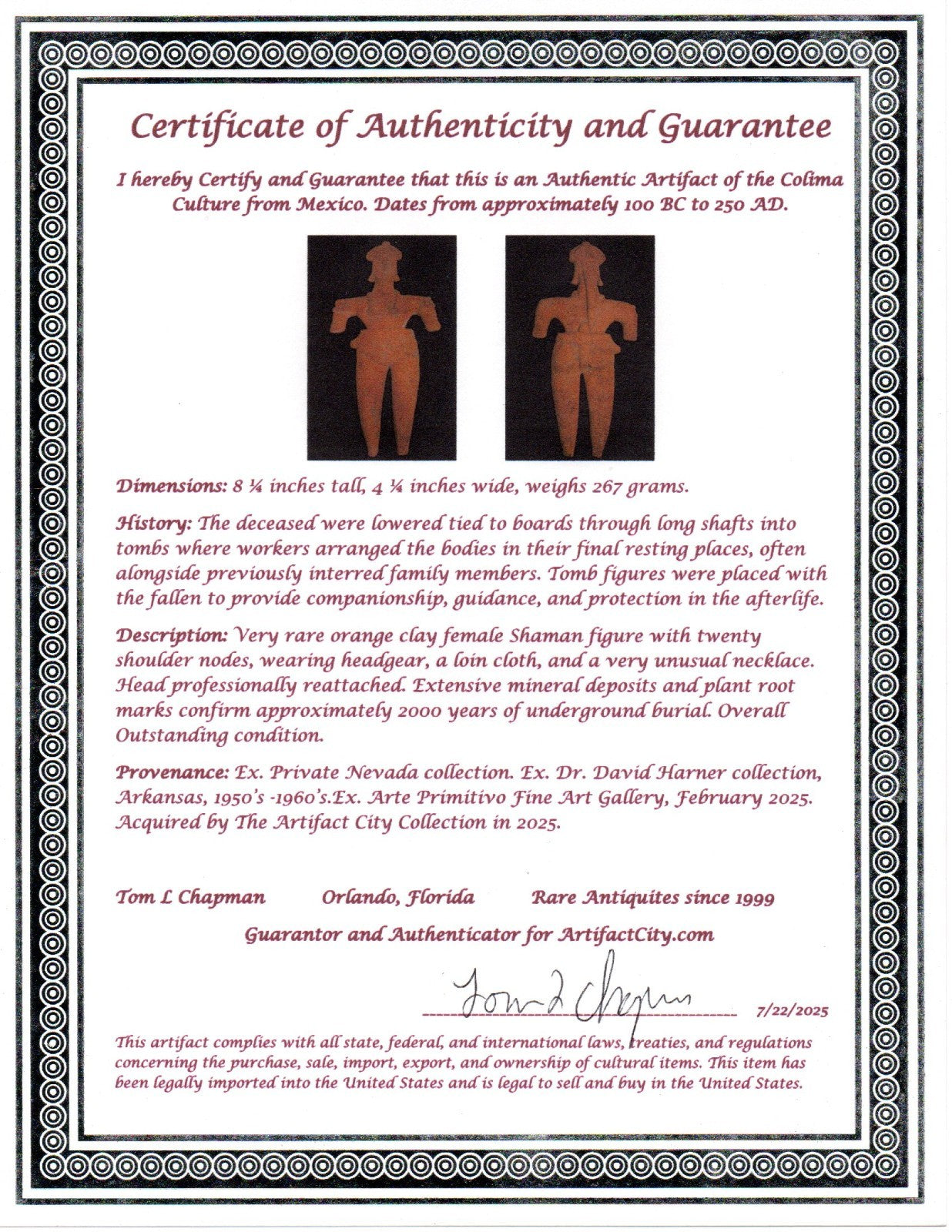 Pre Columbian Artifact BIG Female Shaman Tomb Figure Colima Mexico 100BC COA 248