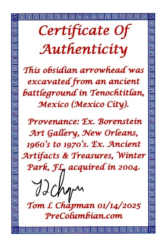 Pre Columbian Artifact Authentic Aztec Arrowhead Battle of Mexico City COA 12