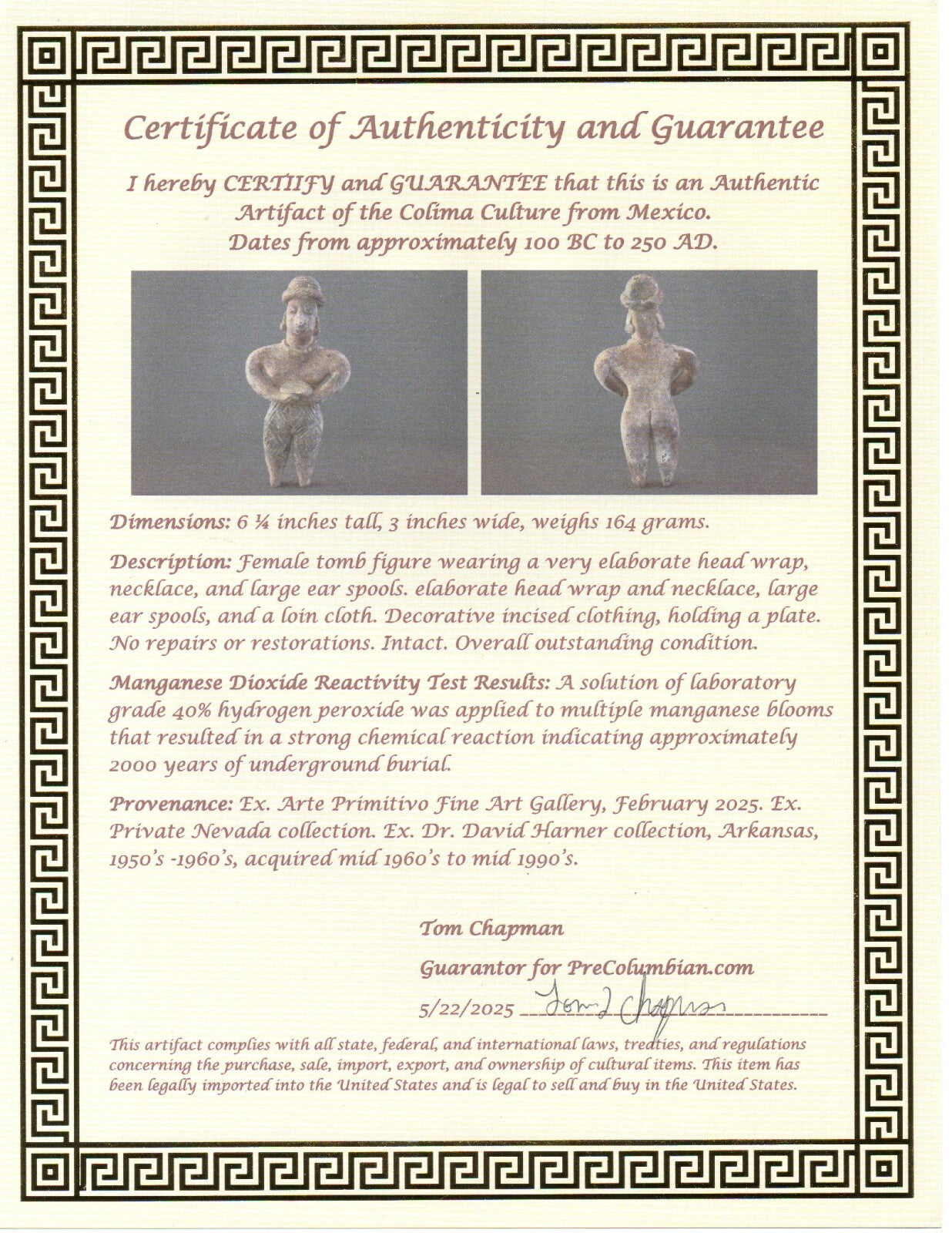 Pre Columbian Authentic Artifact Tomb Figure Colima Mexico 100 BC-250 AD COA 171